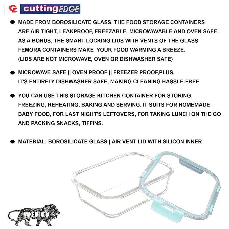 Cutting EDGE Borosilicate Glass Microwave Safe Rectangle Container Multipurpose Lunch Box with Break Free Detachable Locks, Freezer Safe, Airtight, Leakproof