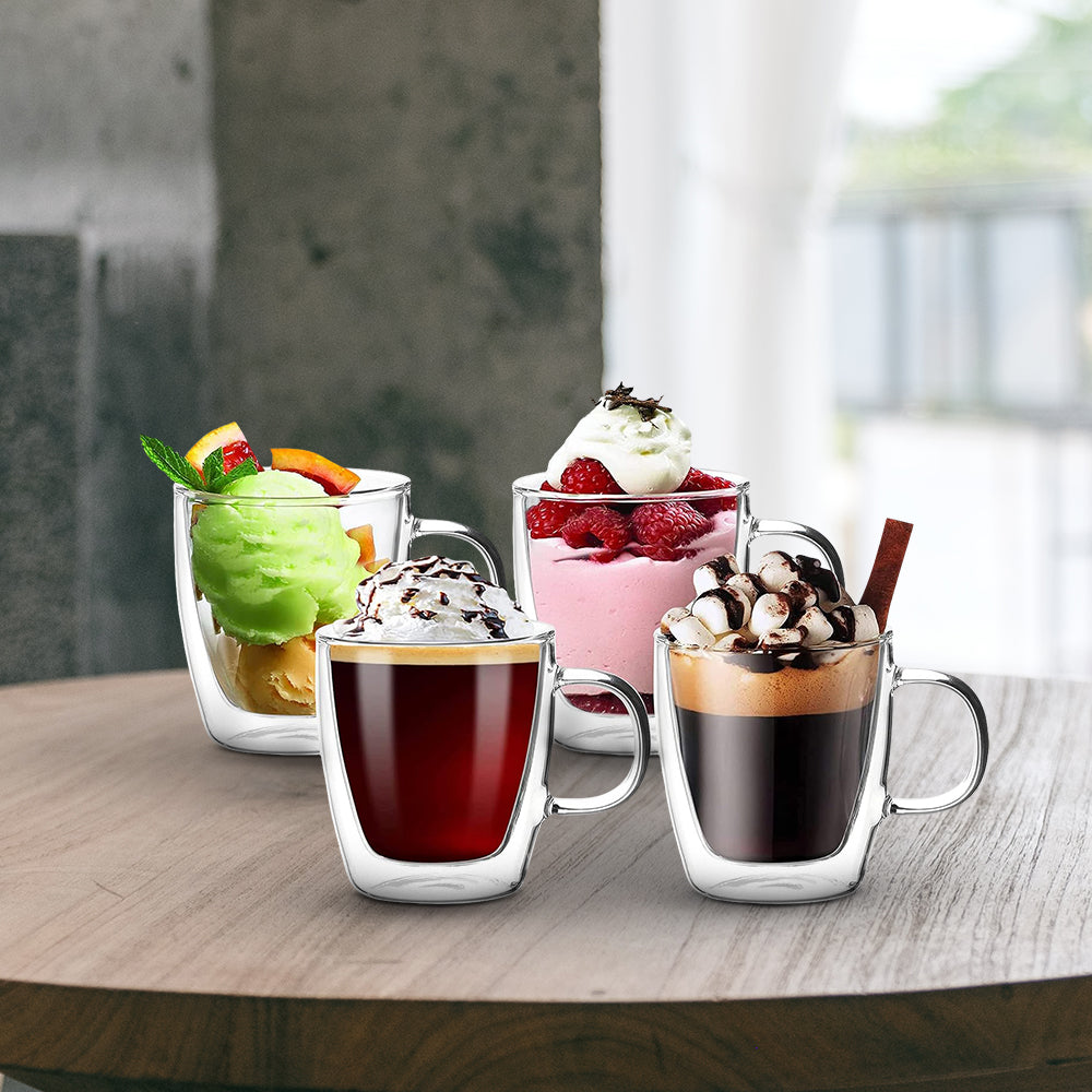 Cutting EDGE Iris Double Wall Heat Resistant Borosilicate Clear Tea Coffee Cup with Handle Glass Coffee Mug