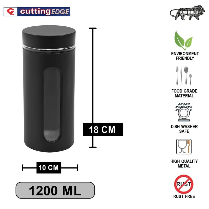 Cutting EDGE Oval Window - Powdered Black Finish Glass Jars for Dal,Dry Fruits,Spices and other Kitchen Storage