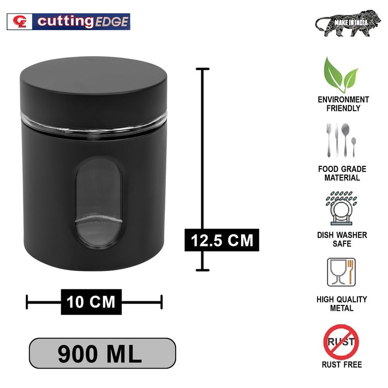 Cutting EDGE Oval Window - Powdered Black Finish Glass Jars for Dal,Dry Fruits,Spices and other Kitchen Storage