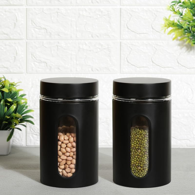 Cutting EDGE Oval Window - Powdered Black Finish Glass Jars for Dal,Dry Fruits,Spices and other Kitchen Storage