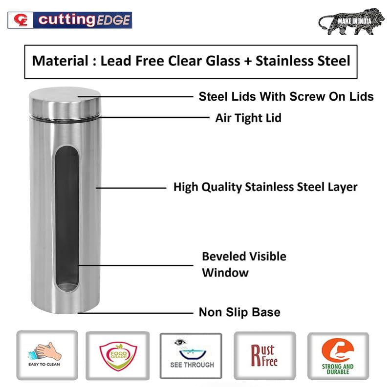 Cutting EDGE Oval Glass Window - Steel Jacketed Glass Jars for Dal, Dry Fruits, Spices and other Kitchen Storage
