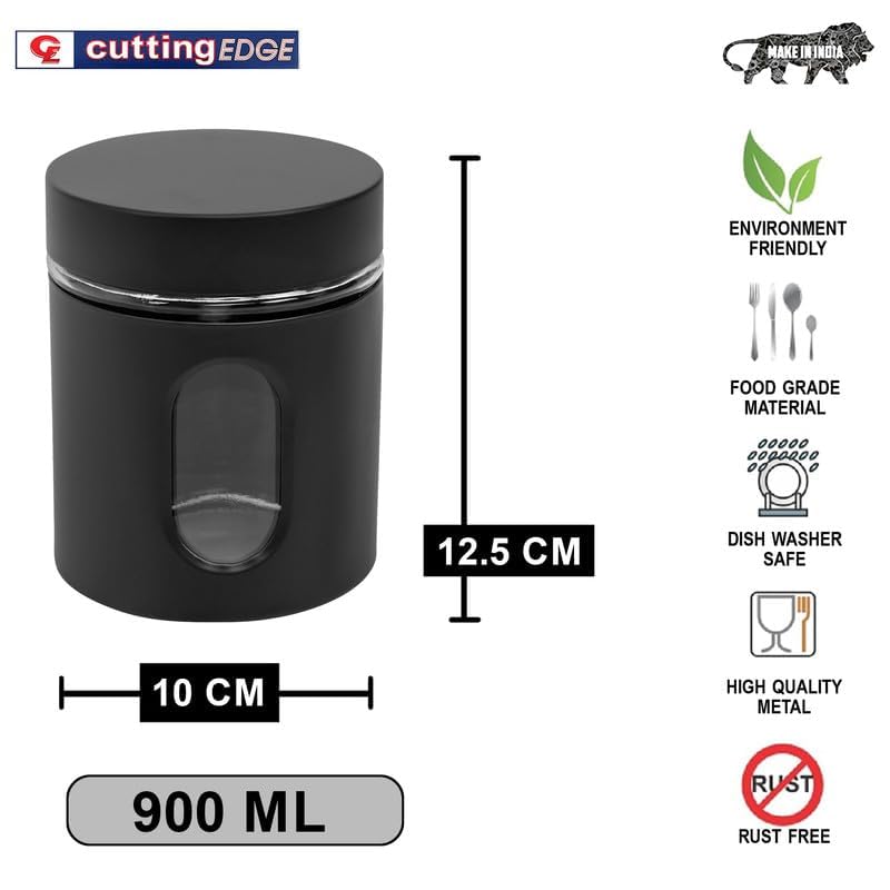 Cutting EDGE Oval Window - Powdered Black Finish Glass Jars for Dal,Dry Fruits,Spices and other Kitchen Storage