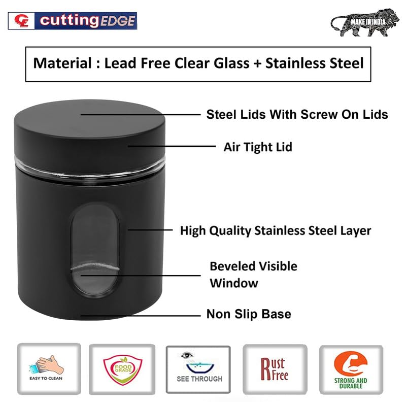 Cutting EDGE Oval Window - Powdered Black Finish Glass Jars for Dal,Dry Fruits,Spices and other Kitchen Storage