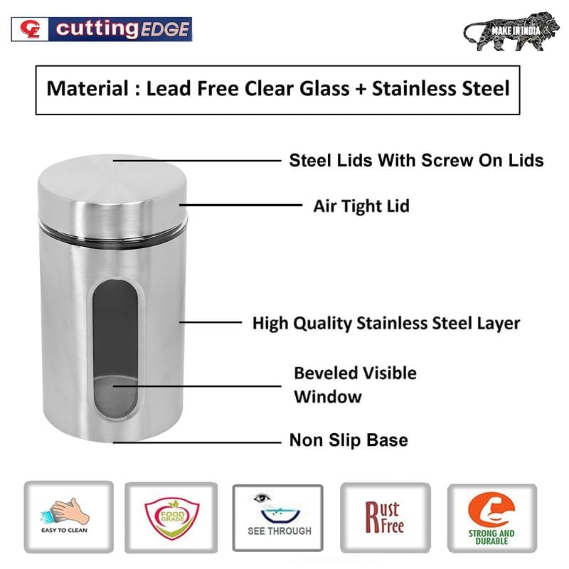 Cutting EDGE Oval Glass Window - Steel Jacketed Glass Jars for Dal, Dry Fruits, Spices and other Kitchen Storage