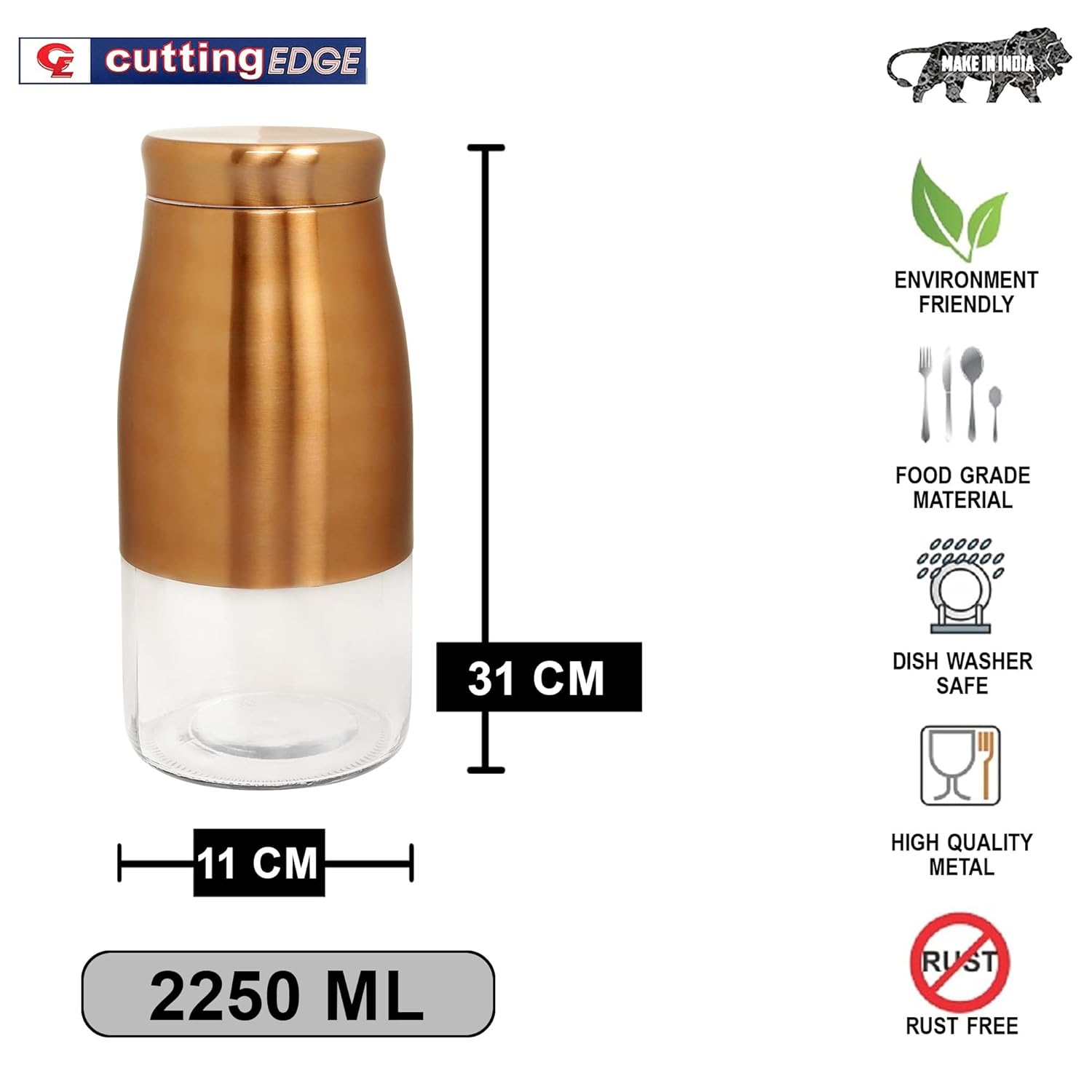 Cutting EDGE Rose Gold Finish - Bell Bottom Glass Jars for Sugar, Cereal,  Spices, Pulses and other Kitchen Storage
