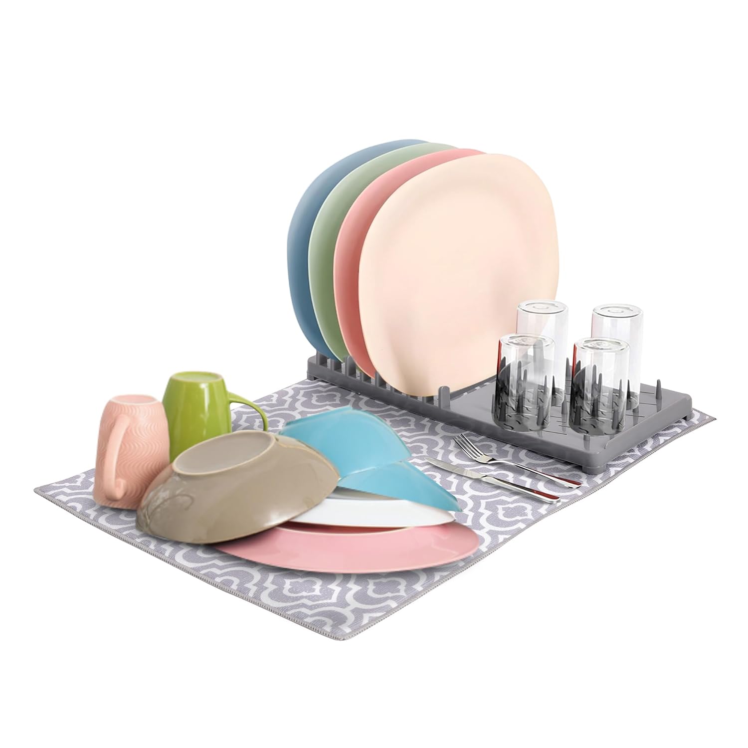 Cutting EDGE Dish Drying Rack with Black Microfiber Mat – Compact, Foldable & Lightweight Kitchen Rack for Sink or Counter – Pattern Design Mat Offers Fast Drying & Stylish Organization