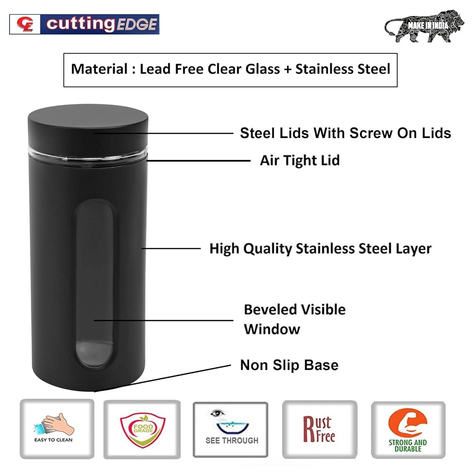 Cutting EDGE Oval Window - Powdered Black Finish Glass Jars for Dal,Dry Fruits,Spices and other Kitchen Storage