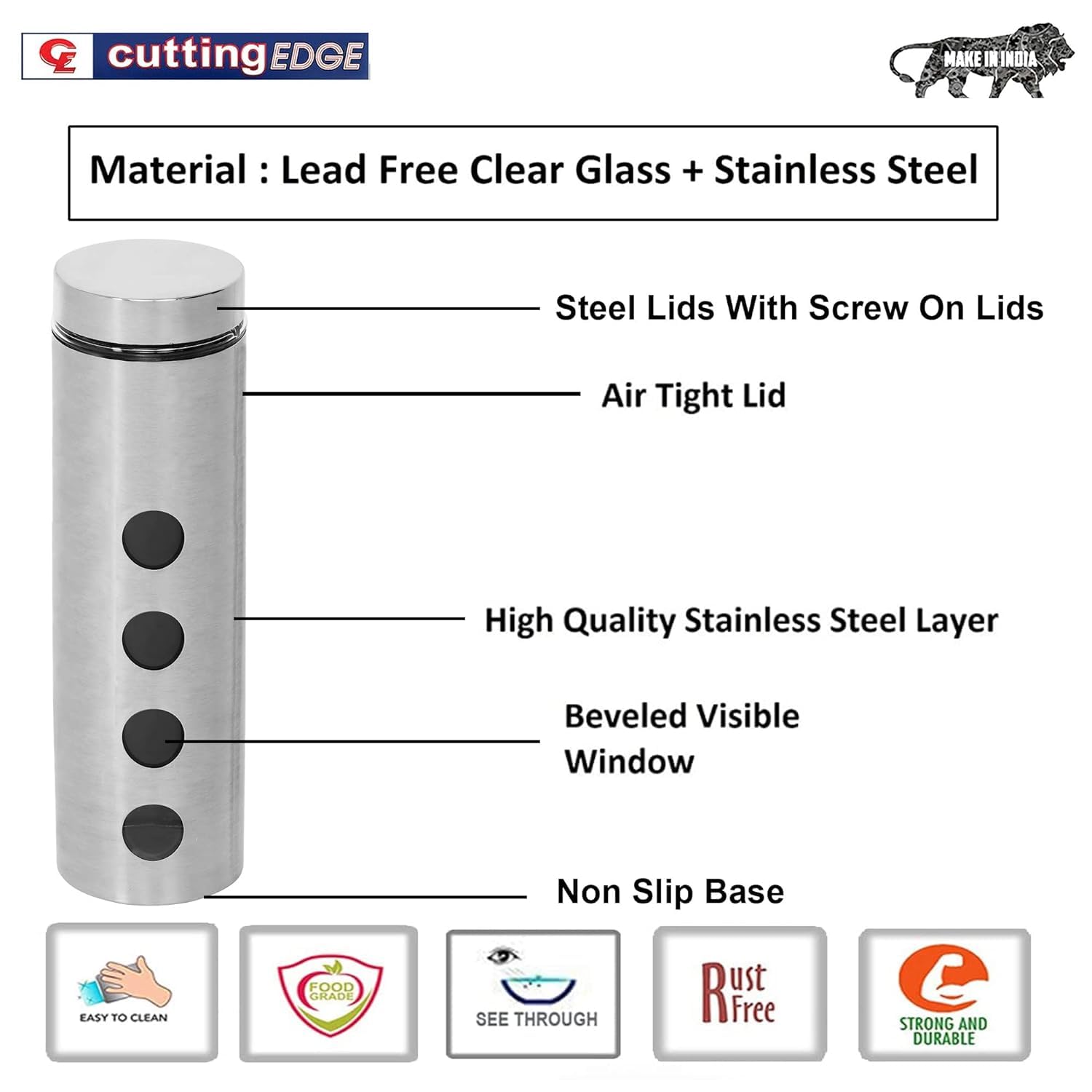 Cutting EDGE Drip Window - Steel Jacketed Glass Jars for Dal, Dry, Spices, Fruits, Kitchen Storage Container