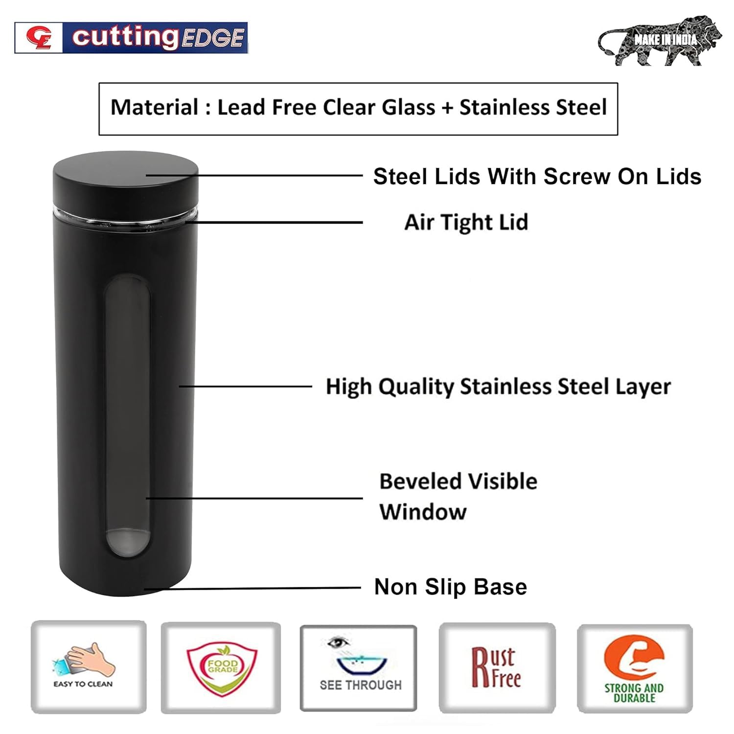 Cutting EDGE Oval Window - Powdered Black Finish Glass Jars for Dal,Dry Fruits,Spices and other Kitchen Storage