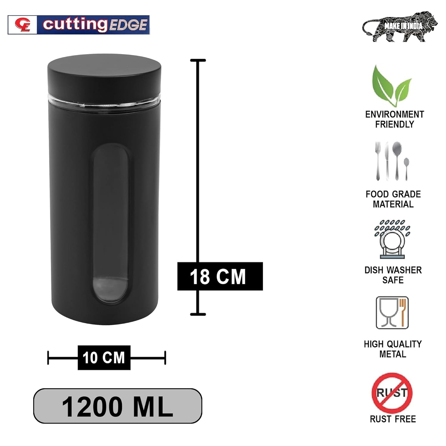 Cutting EDGE Oval Window - Powdered Black Finish Glass Jars for Dal,Dry Fruits,Spices and other Kitchen Storage