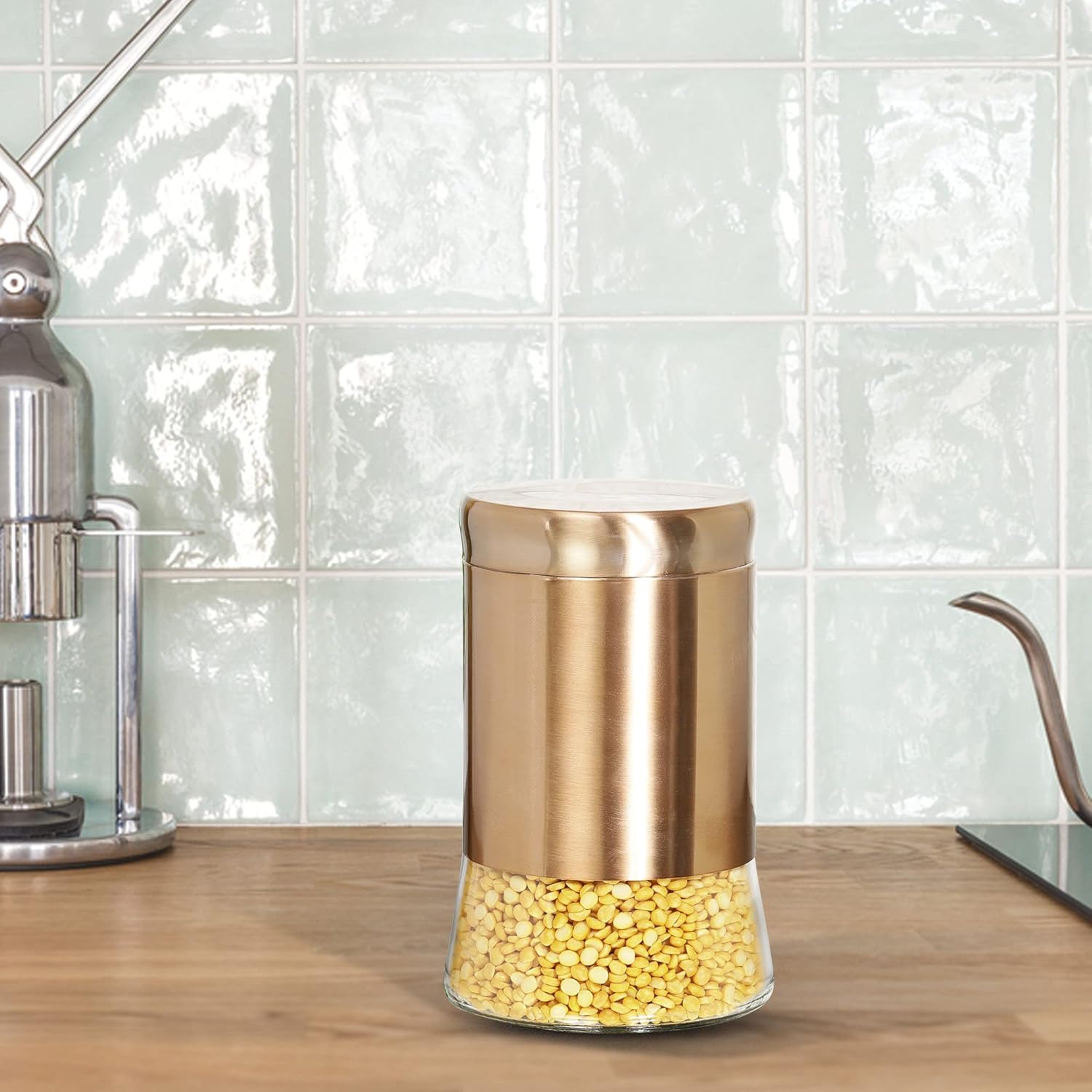 Cutting EDGE Rose Gold Finish Clear Glass Tapered Glass Jars for Sugar,Cereal, Spices, Pulses and other Kitchen Storage