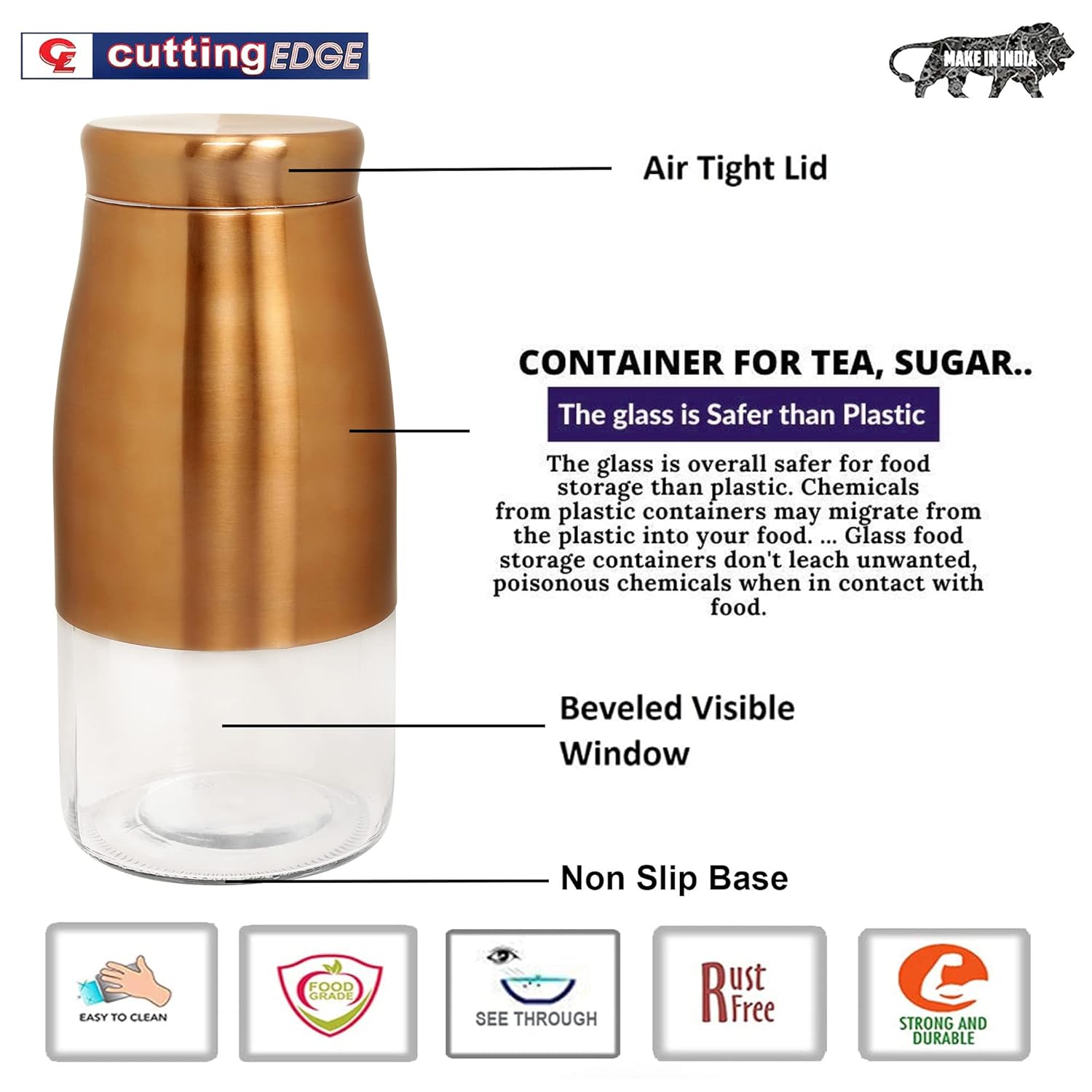 Cutting EDGE Rose Gold Finish - Bell Bottom Glass Jars for Sugar, Cereal,  Spices, Pulses and other Kitchen Storage