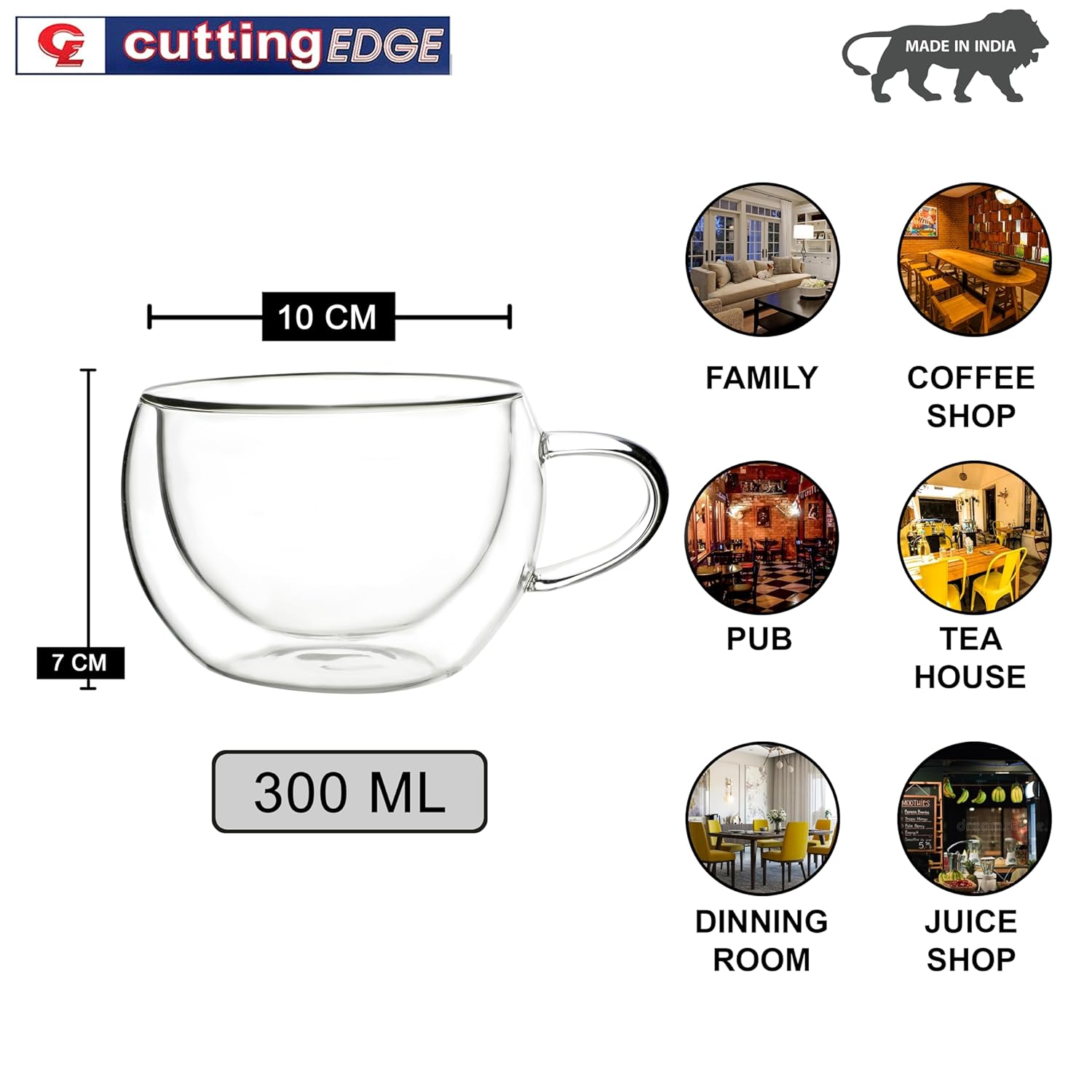 Cutting EDGE Iris Double Wall Heat Resistant Borosilicate Clear Tea Coffee Cup with Handle Glass Coffee Mug