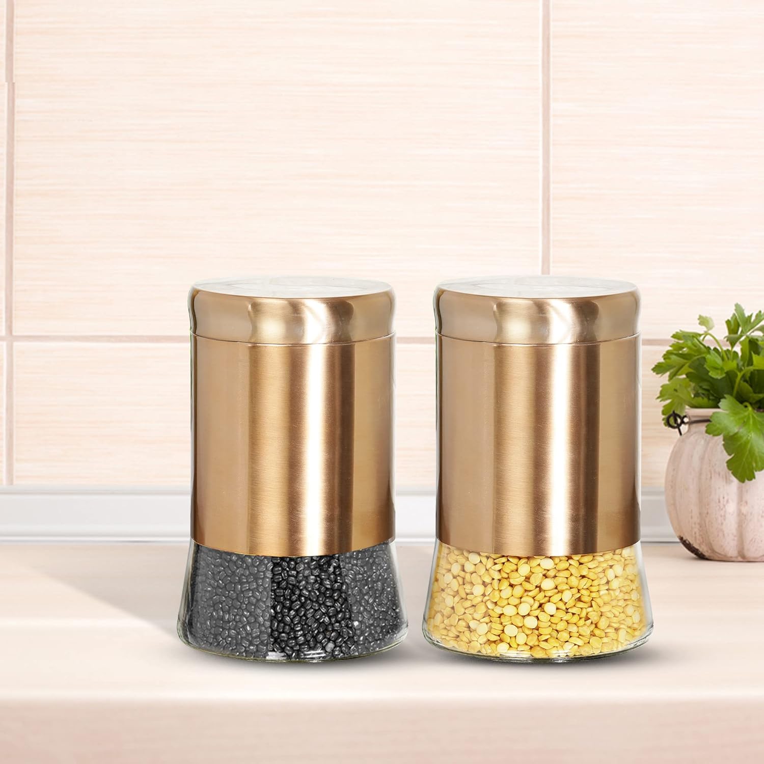 Cutting EDGE Rose Gold Finish Clear Glass Tapered Glass Jars for Sugar,Cereal, Spices, Pulses and other Kitchen Storage