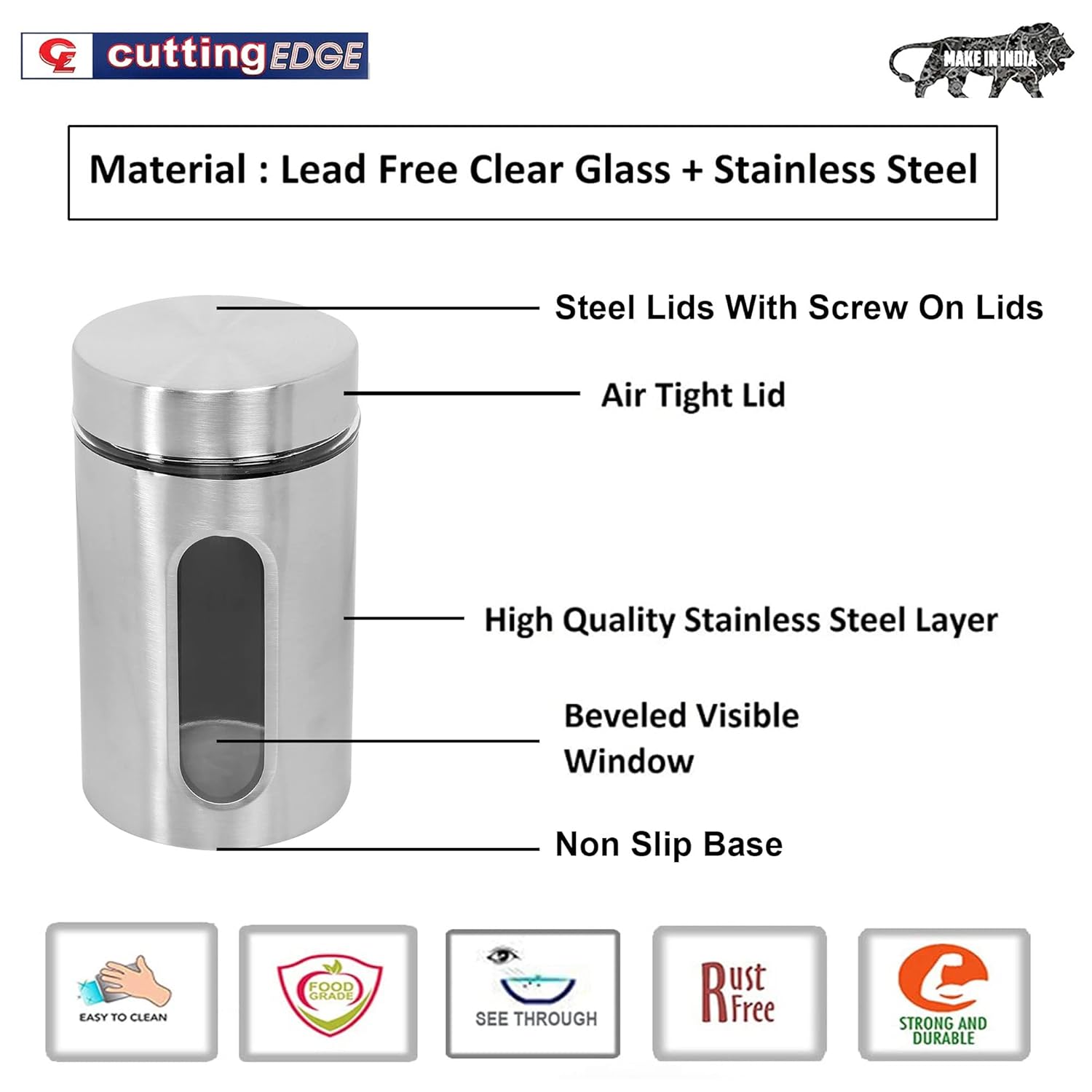 Cutting EDGE Oval Glass Window - Steel Jacketed Glass Jars for Dal, Dry Fruits, Spices and other Kitchen Storage