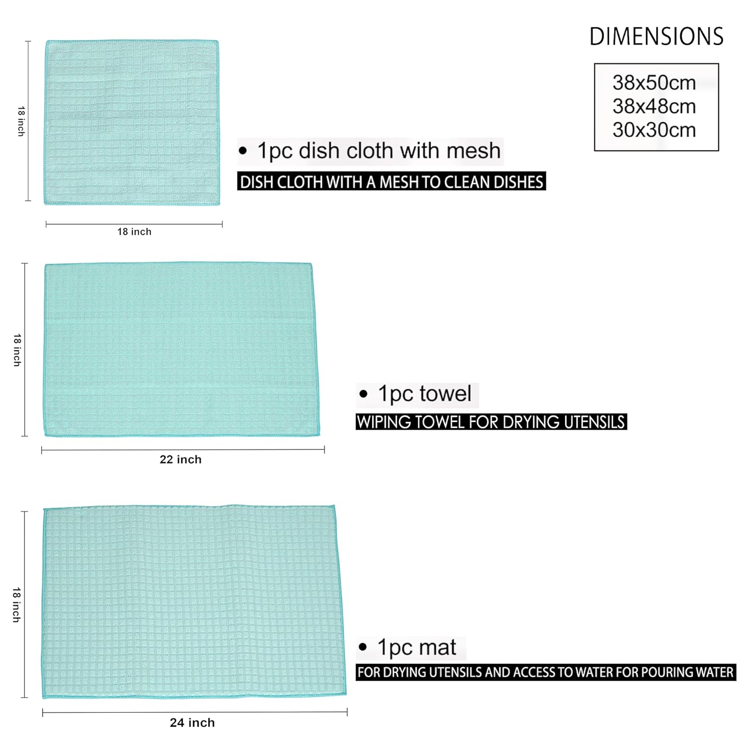 Cutting EDGE Kitchen Care Set – 3-Piece Combo: Dish Wash Cloth with Mesh, Dish Wash Towel, and Dish Drying Mat