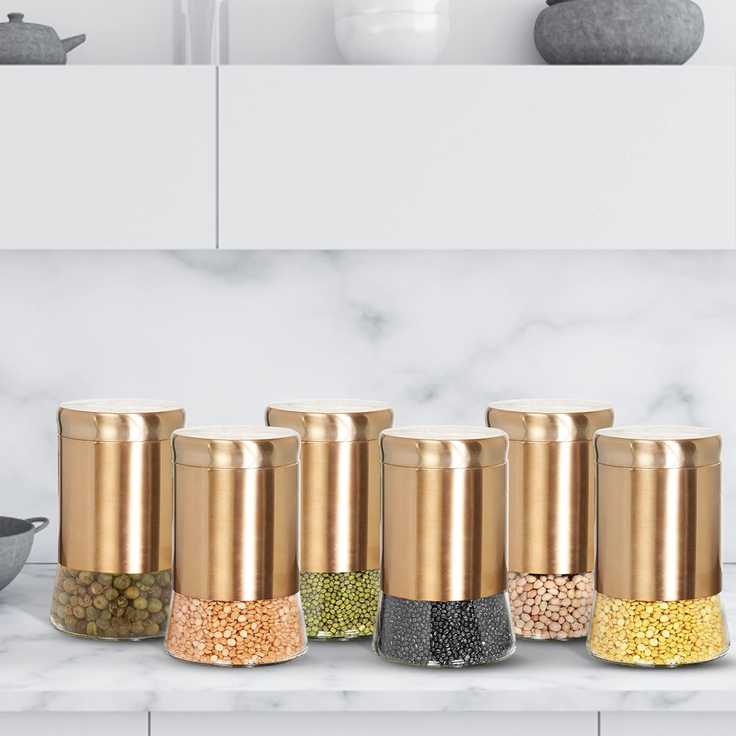 Cutting EDGE Rose Gold Finish Clear Glass Tapered Glass Jars for Sugar,Cereal, Spices, Pulses and other Kitchen Storage