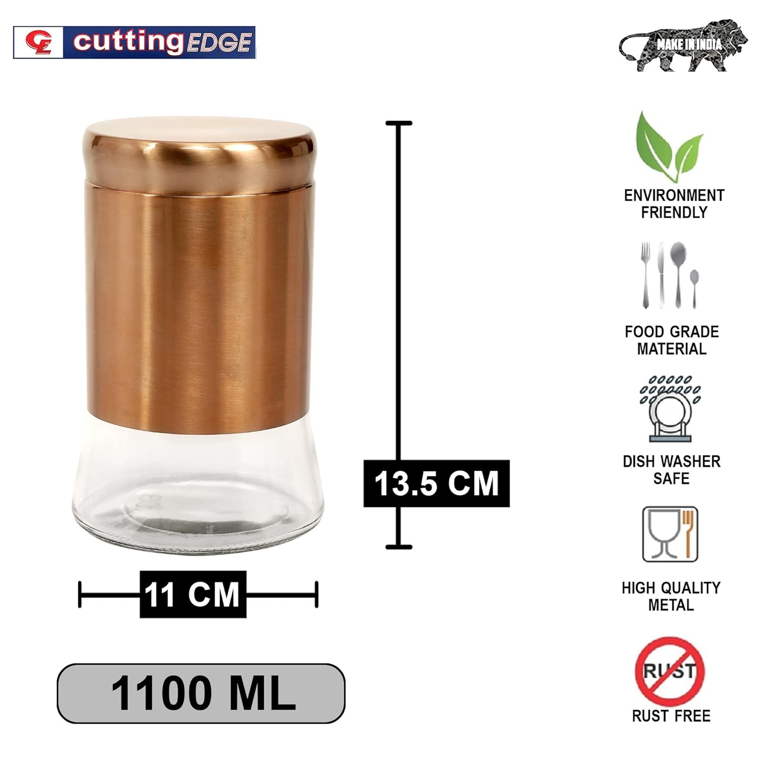 Cutting EDGE Rose Gold Finish Clear Glass Tapered Glass Jars for Sugar,Cereal, Spices, Pulses and other Kitchen Storage