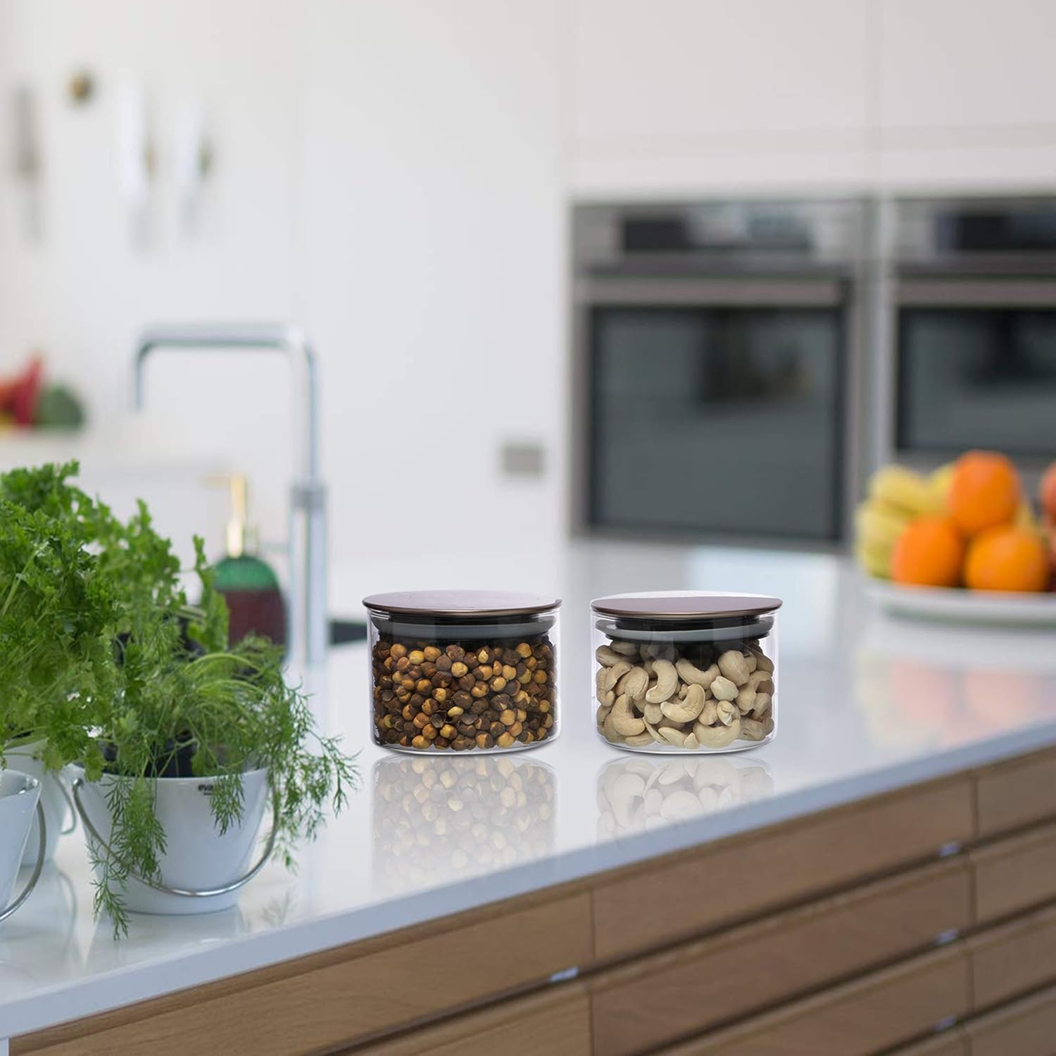 Cutting EDGE Borosilicate Round Glass Jar for Kitchen, Dry Fruits, Snacks, Storage with Metallic Lid with Silicone Sealant Ring Inside