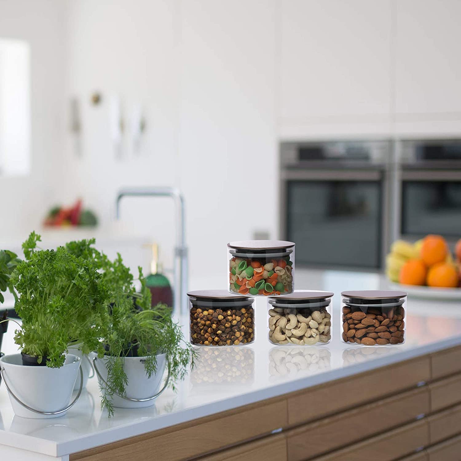Cutting EDGE Borosilicate Round Glass Jar for Kitchen, Dry Fruits, Snacks, Storage with Metallic Lid with Silicone Sealant Ring Inside