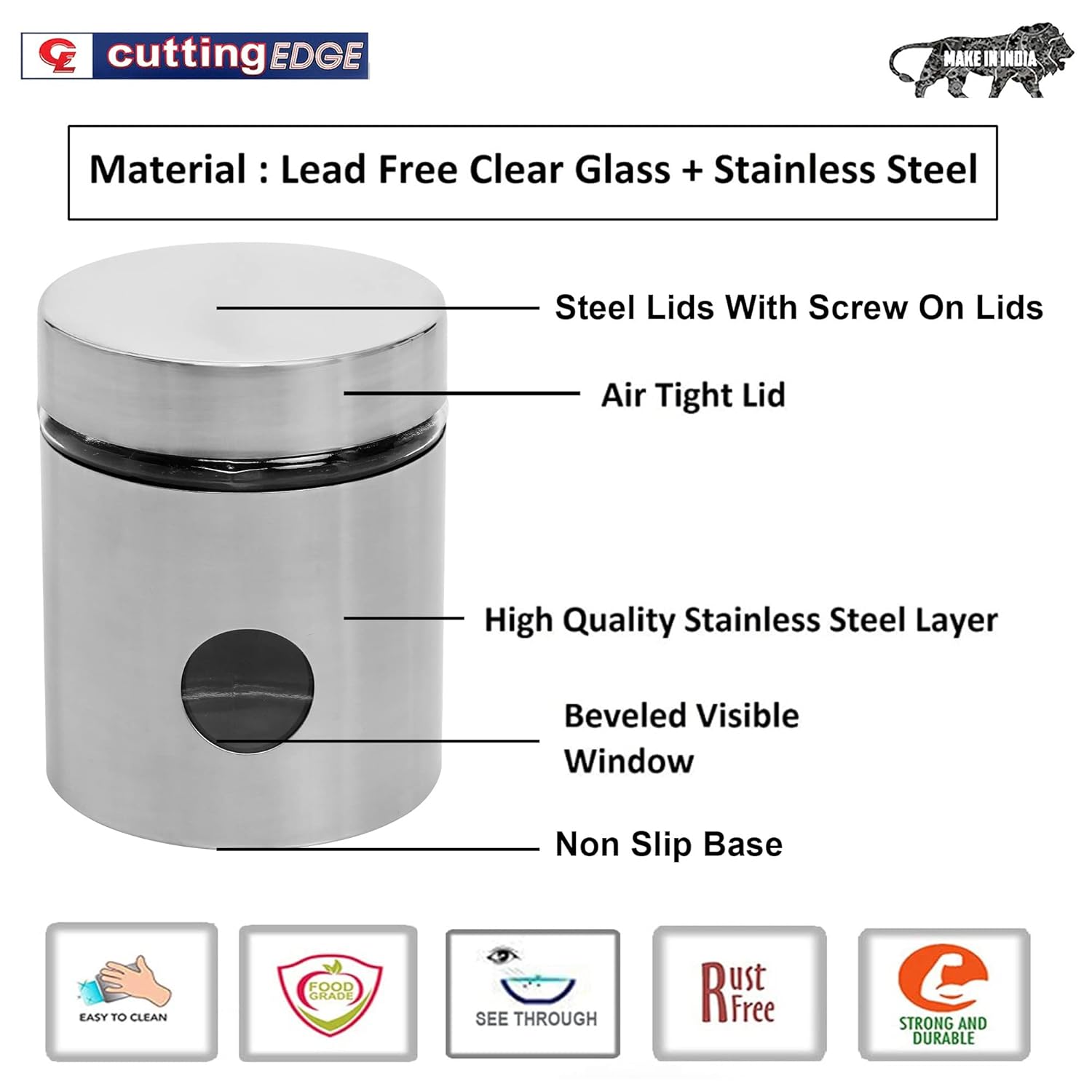 Cutting EDGE Drip Window - Steel Jacketed Glass Jars for Dal, Dry, Spices, Fruits, Kitchen Storage Container