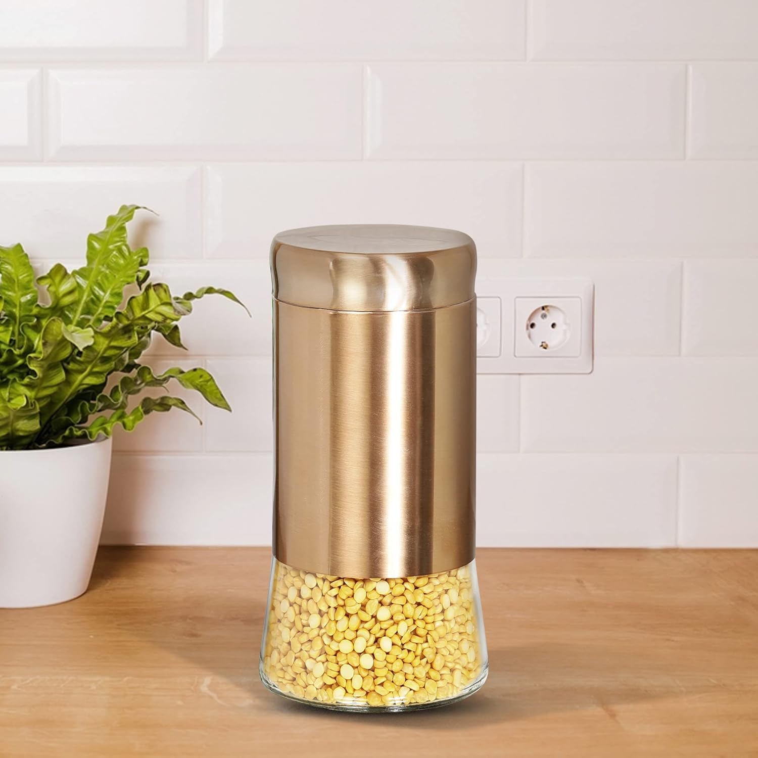 Cutting EDGE Rose Gold Finish Clear Glass Tapered Glass Jars for Sugar,Cereal, Spices, Pulses and other Kitchen Storage