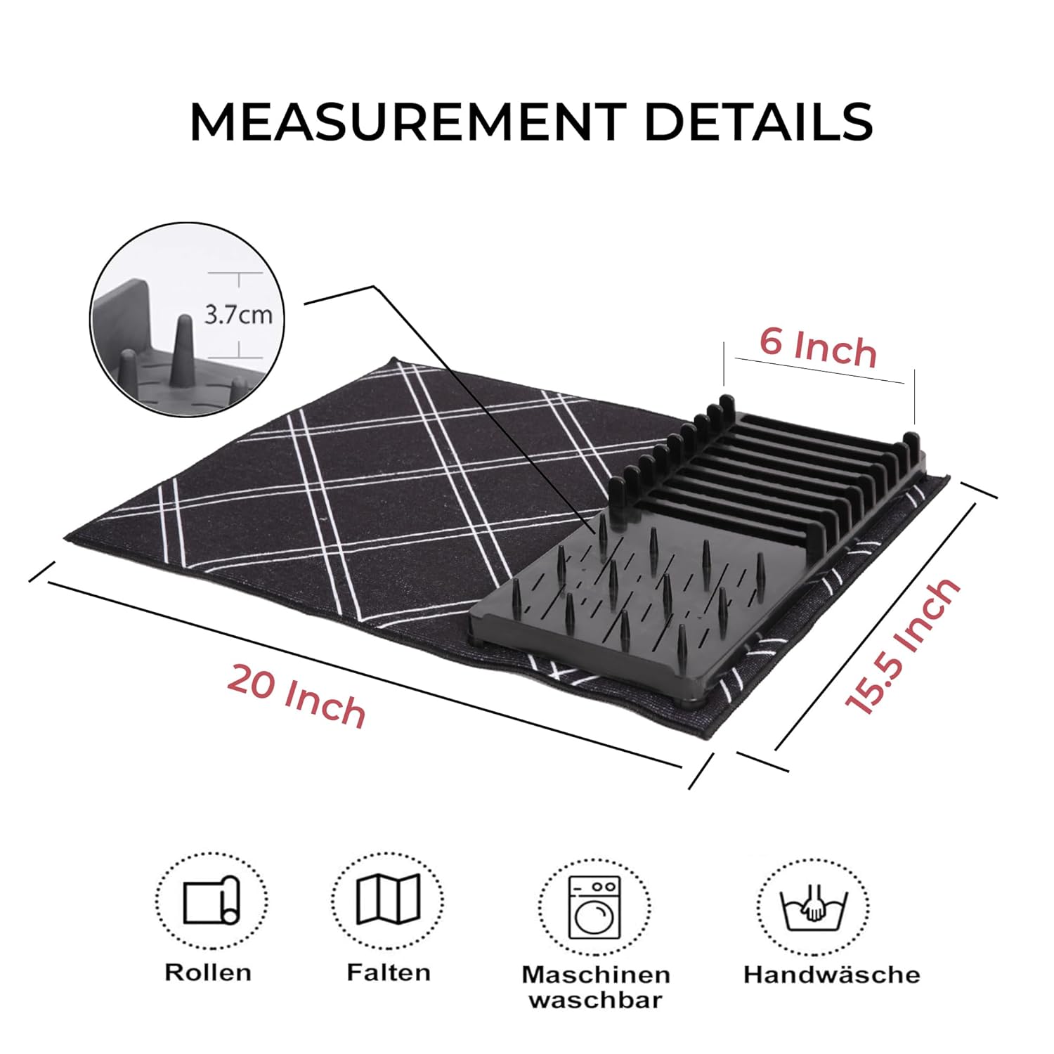 Cutting EDGE Dish Drying Rack with Black Microfiber Mat – Compact, Foldable & Lightweight Kitchen Rack for Sink or Counter – Pattern Design Mat Offers Fast Drying & Stylish Organization