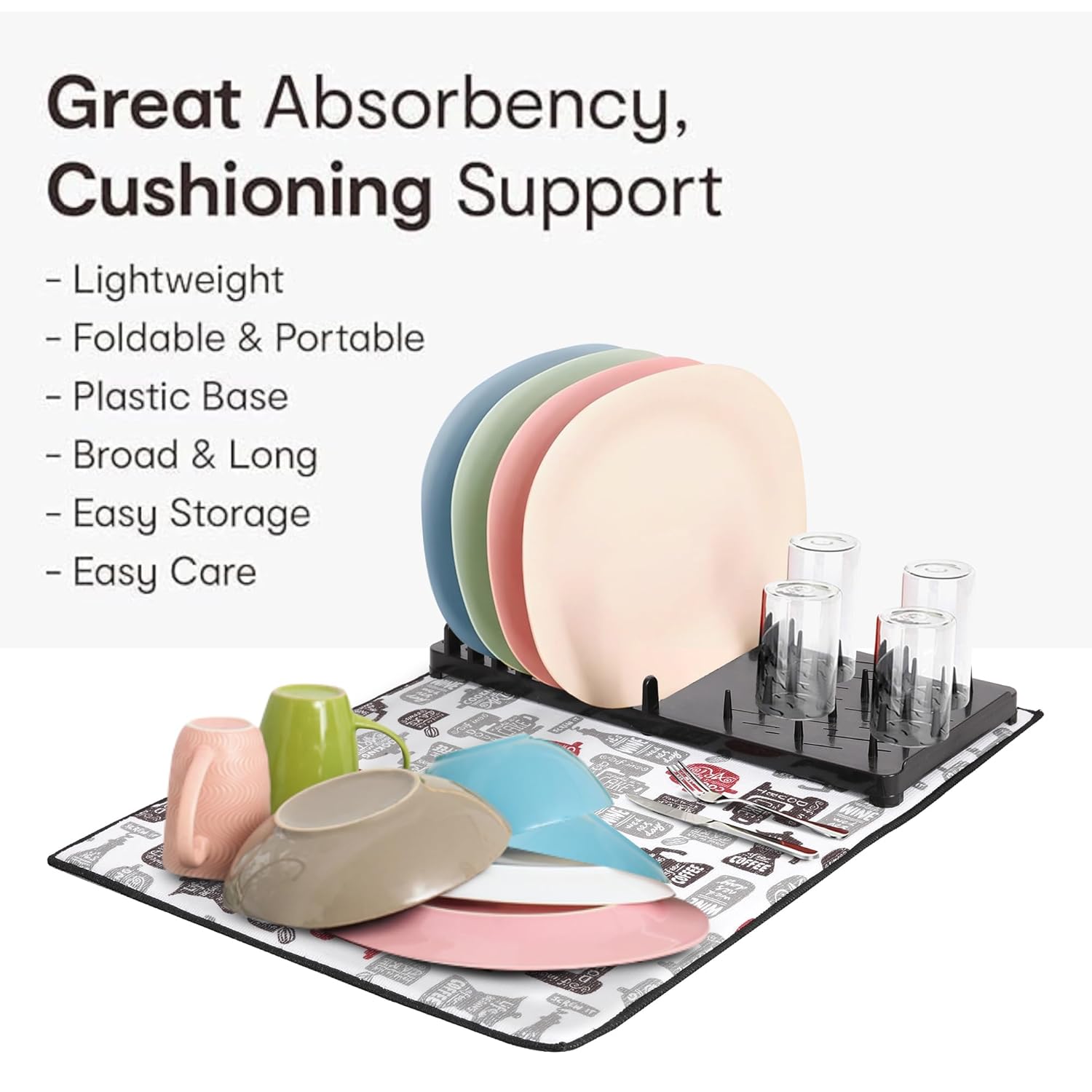 Cutting EDGE Dish Drying Rack with Black Microfiber Mat – Compact, Foldable & Lightweight Kitchen Rack for Sink or Counter – Pattern Design Mat Offers Fast Drying & Stylish Organization