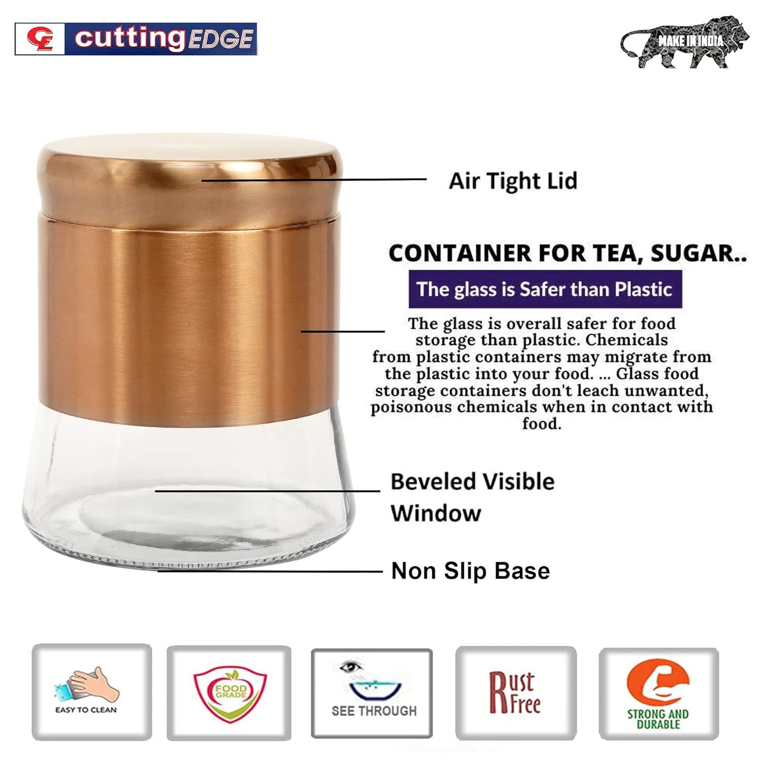 Cutting EDGE Rose Gold Finish - Bell Bottom Glass Jars for Sugar, Cereal,  Spices, Pulses and other Kitchen Storage