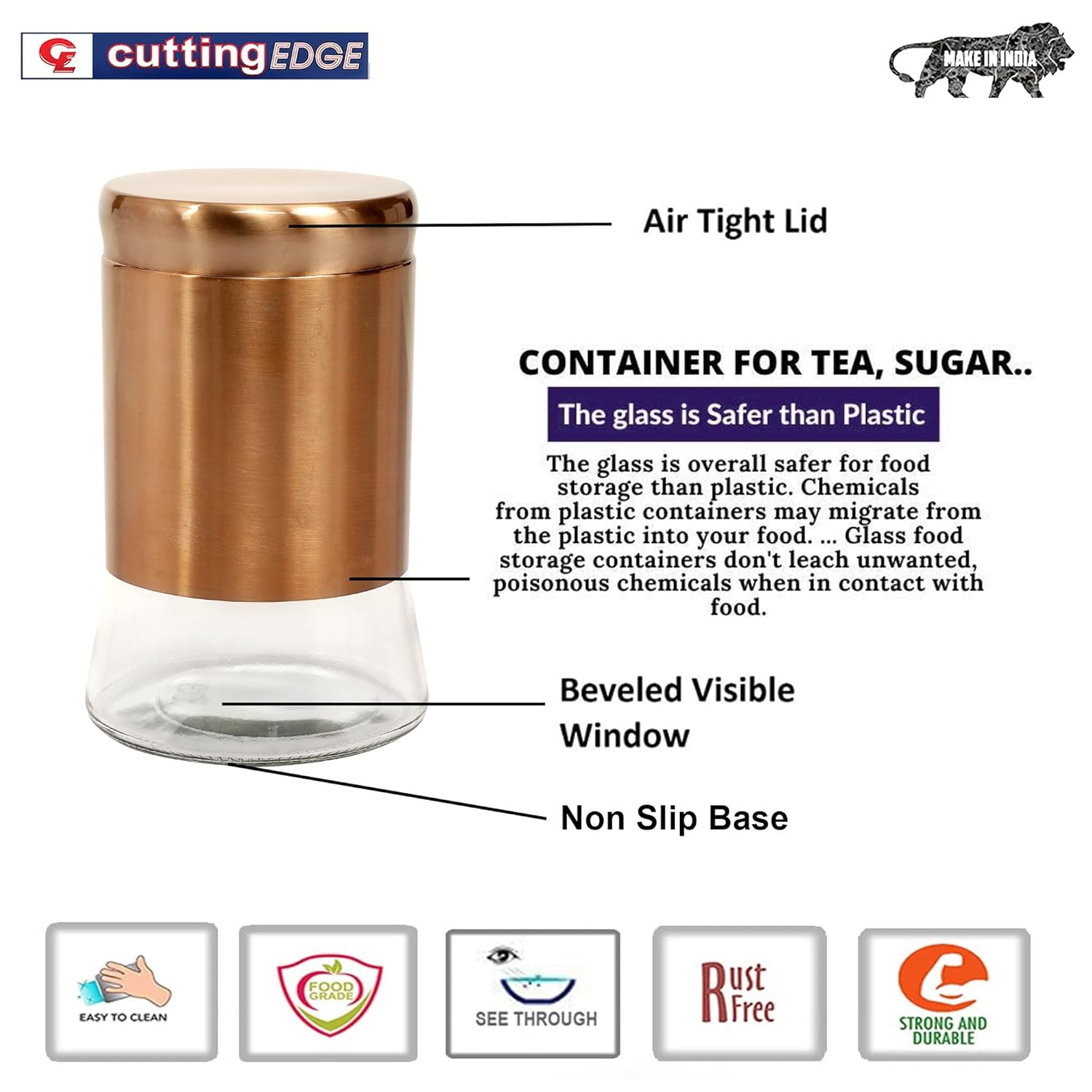 Cutting EDGE Rose Gold Finish Clear Glass Tapered Glass Jars for Sugar,Cereal, Spices, Pulses and other Kitchen Storage