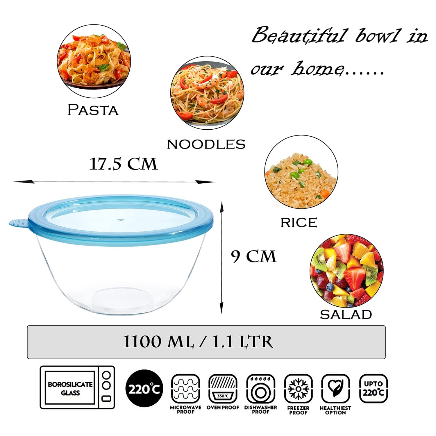 Cutting EDGE Borosilicate Mixing/Serving with Lid Round Glass Bowl for Kitchen (Transparent)