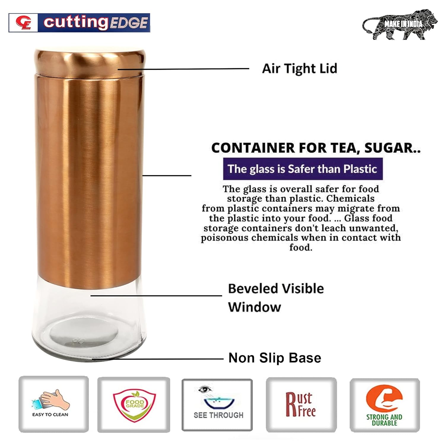 Cutting EDGE Rose Gold Finish Clear Glass Tapered Glass Jars for Sugar,Cereal, Spices, Pulses and other Kitchen Storage