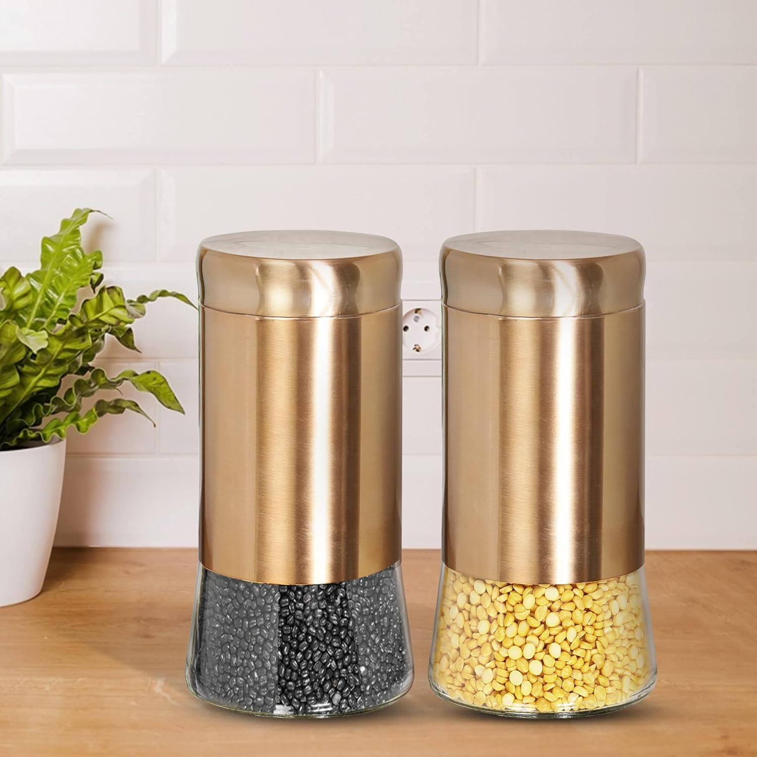 Cutting EDGE Rose Gold Finish Clear Glass Tapered Glass Jars for Sugar,Cereal, Spices, Pulses and other Kitchen Storage
