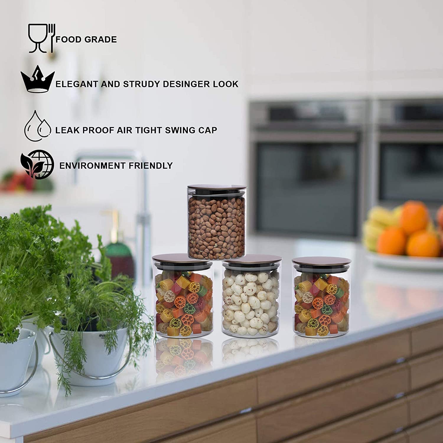 Cutting EDGE Borosilicate Round Glass Jar for Kitchen, Dry Fruits, Snacks, Storage with Metallic Lid with Silicone Sealant Ring Inside