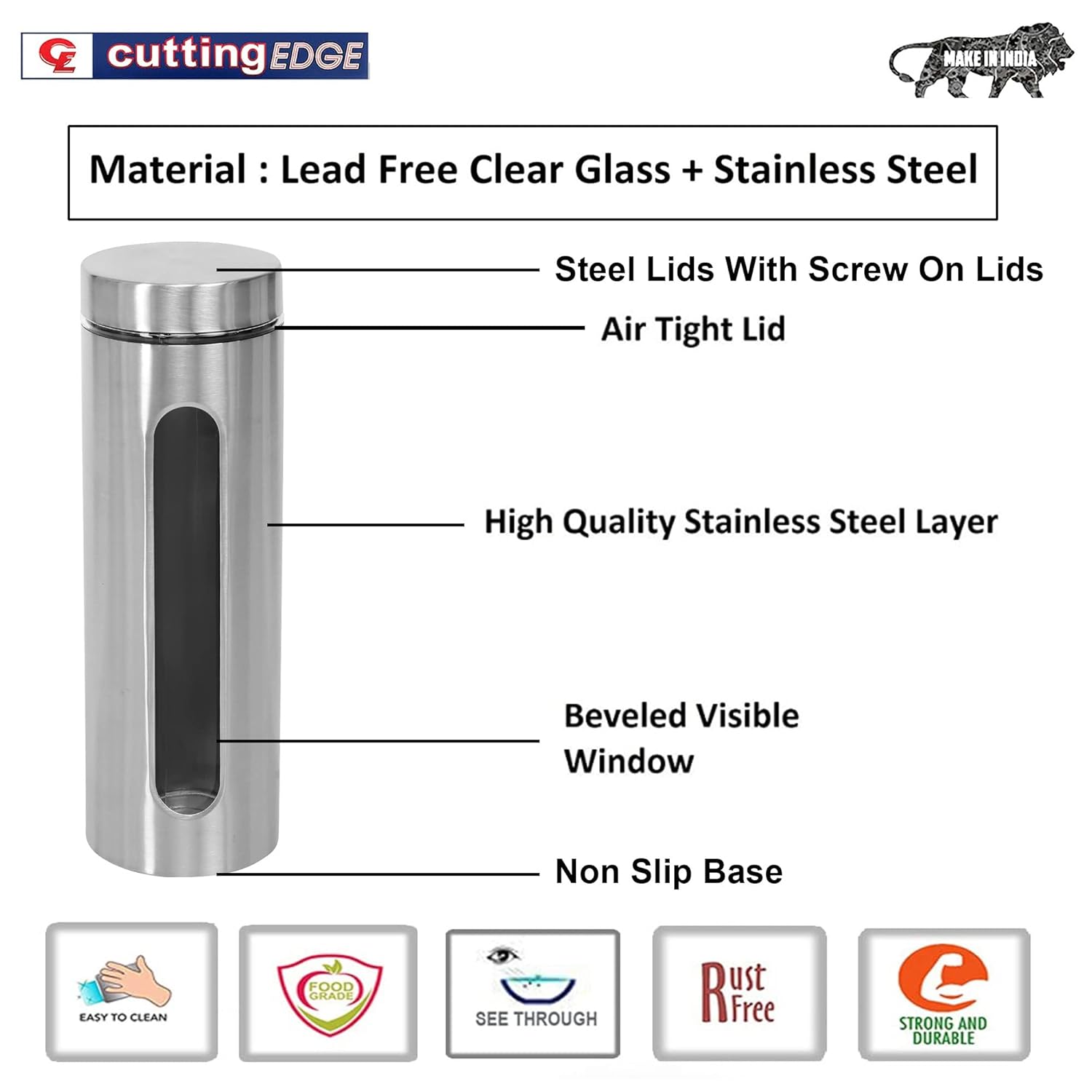 Cutting EDGE Oval Glass Window - Steel Jacketed Glass Jars for Dal, Dry Fruits, Spices and other Kitchen Storage
