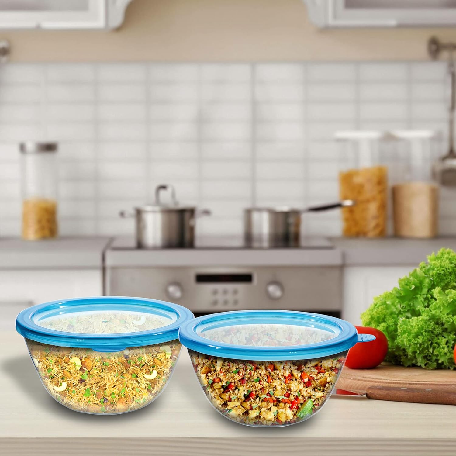 Cutting EDGE Borosilicate Mixing/Serving with Lid Round Glass Bowl for Kitchen (Transparent)