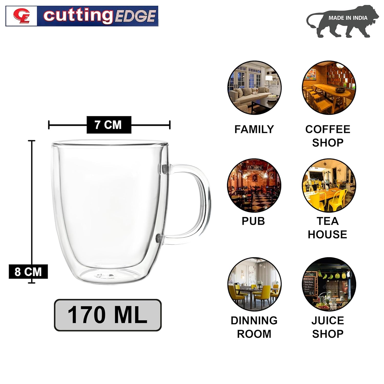 Cutting EDGE Iris Double Wall Heat Resistant Borosilicate Clear Tea Coffee Cup with Handle Glass Coffee Mug