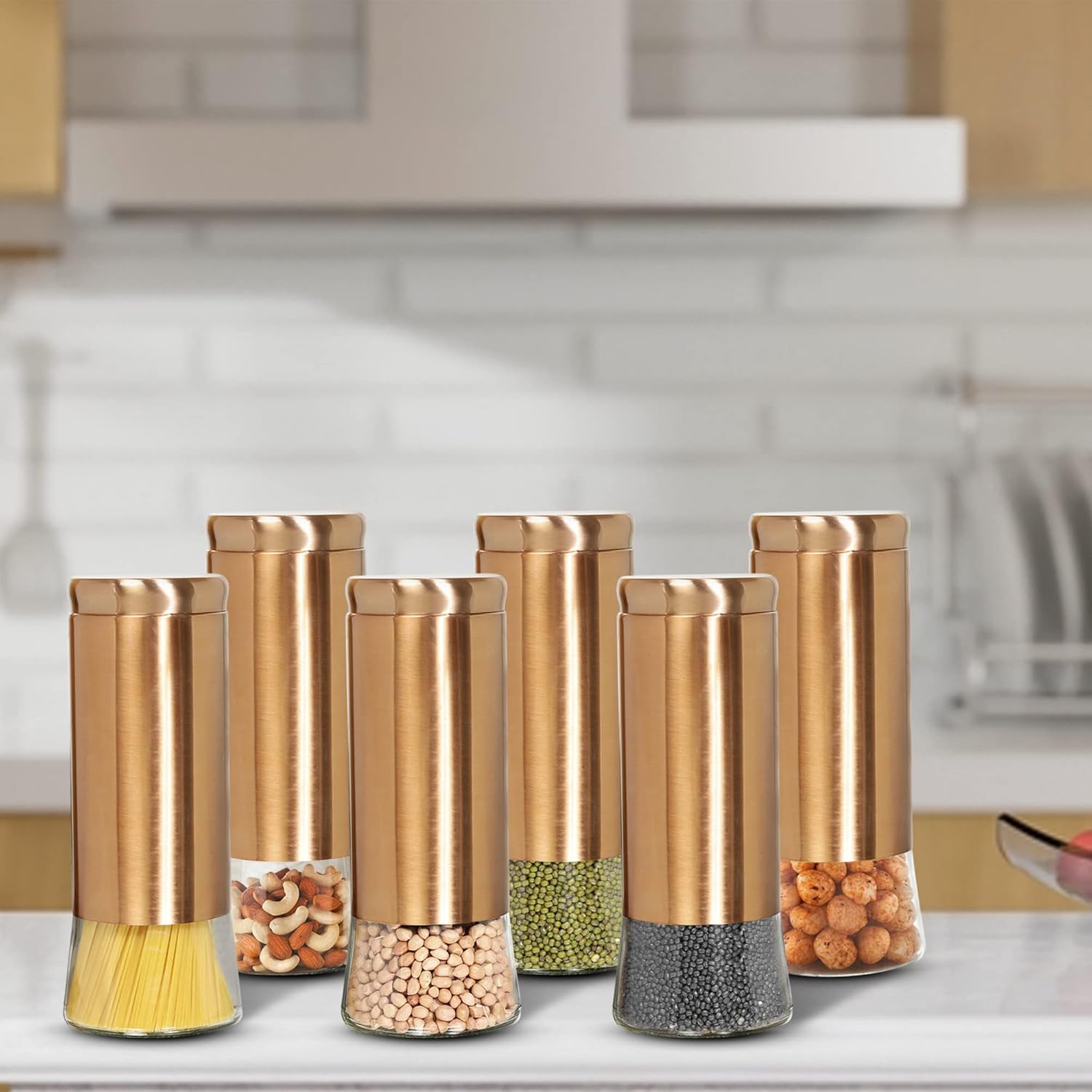 Cutting EDGE Rose Gold Finish Clear Glass Tapered Glass Jars for Sugar,Cereal, Spices, Pulses and other Kitchen Storage