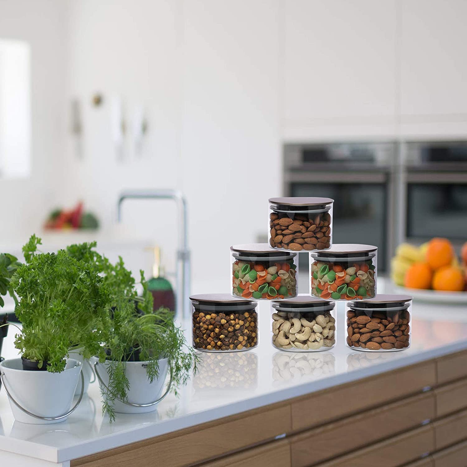 Cutting EDGE Borosilicate Round Glass Jar for Kitchen, Dry Fruits, Snacks, Storage with Metallic Lid with Silicone Sealant Ring Inside