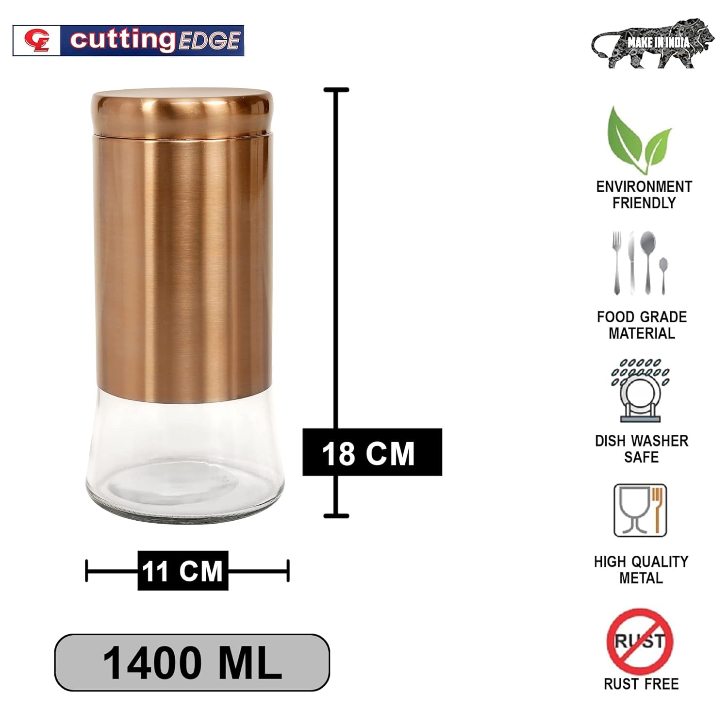 Cutting EDGE Rose Gold Finish Clear Glass Tapered Glass Jars for Sugar,Cereal, Spices, Pulses and other Kitchen Storage