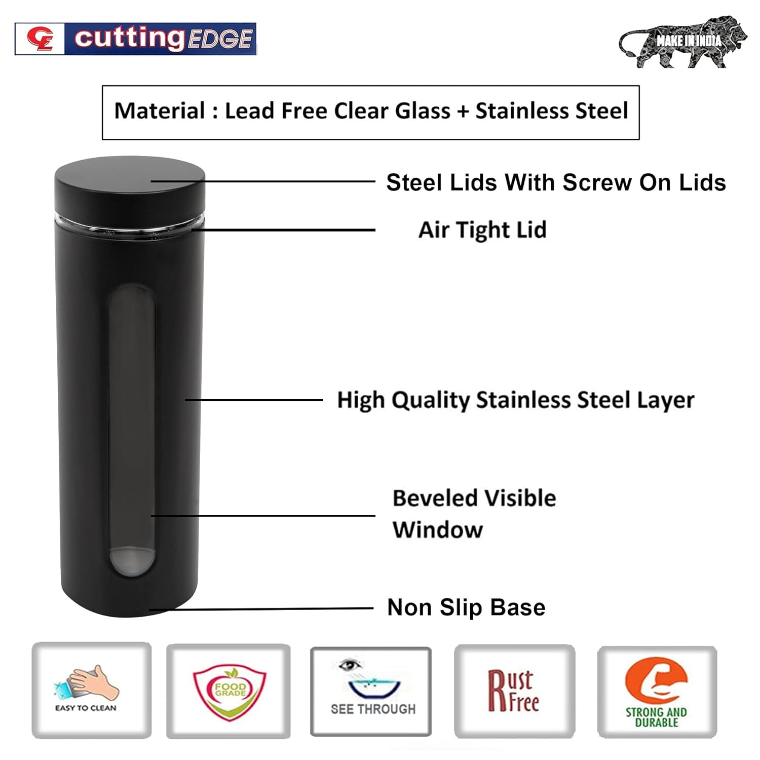 Cutting EDGE Oval Window - Powdered Black Finish Glass Jars for Dal,Dry Fruits,Spices and other Kitchen Storage