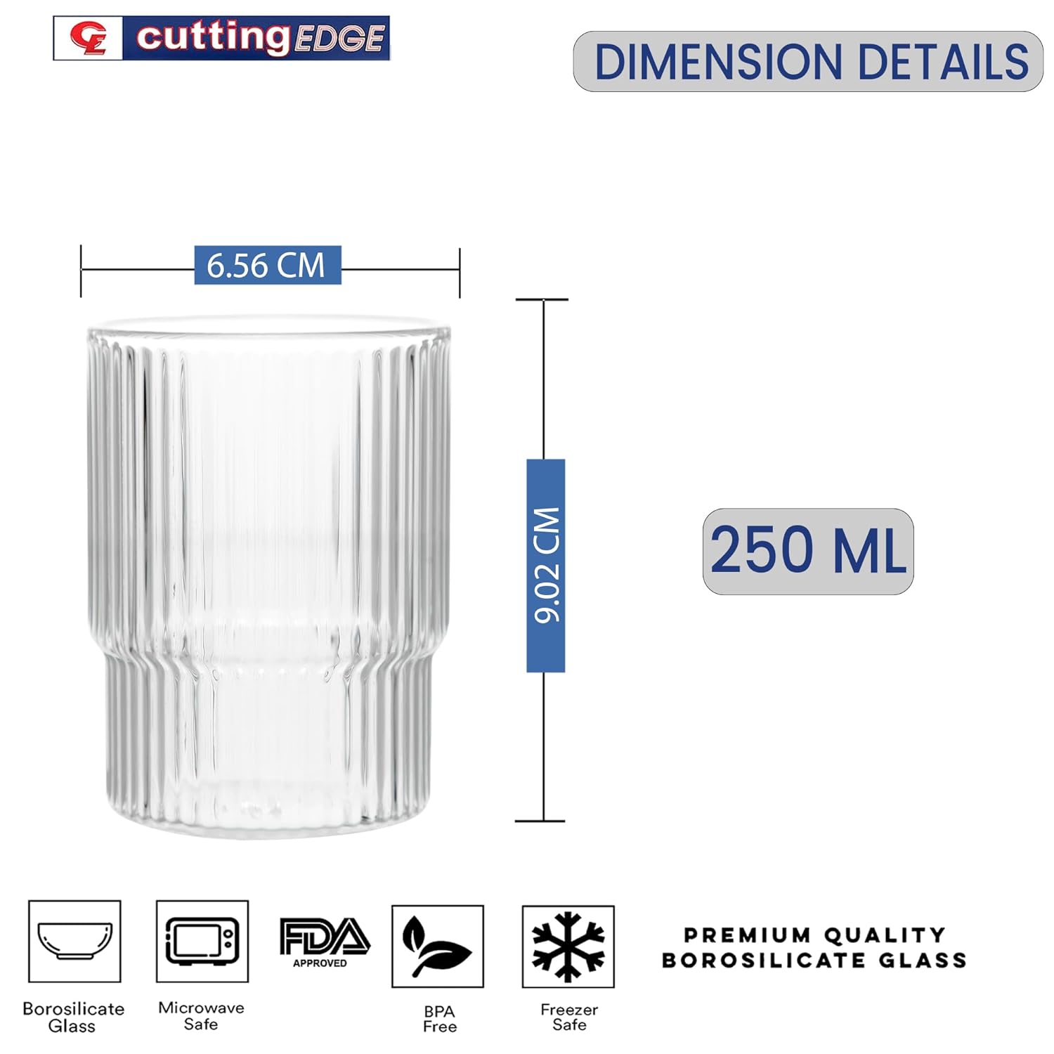 Cutting EDGE 250ml Borosilicate Glass, Crystal Clear, Microwave Safe for Regular Use, Serving Hot Latte Coffee, Cappuccino, Milk, Green & Black Tea