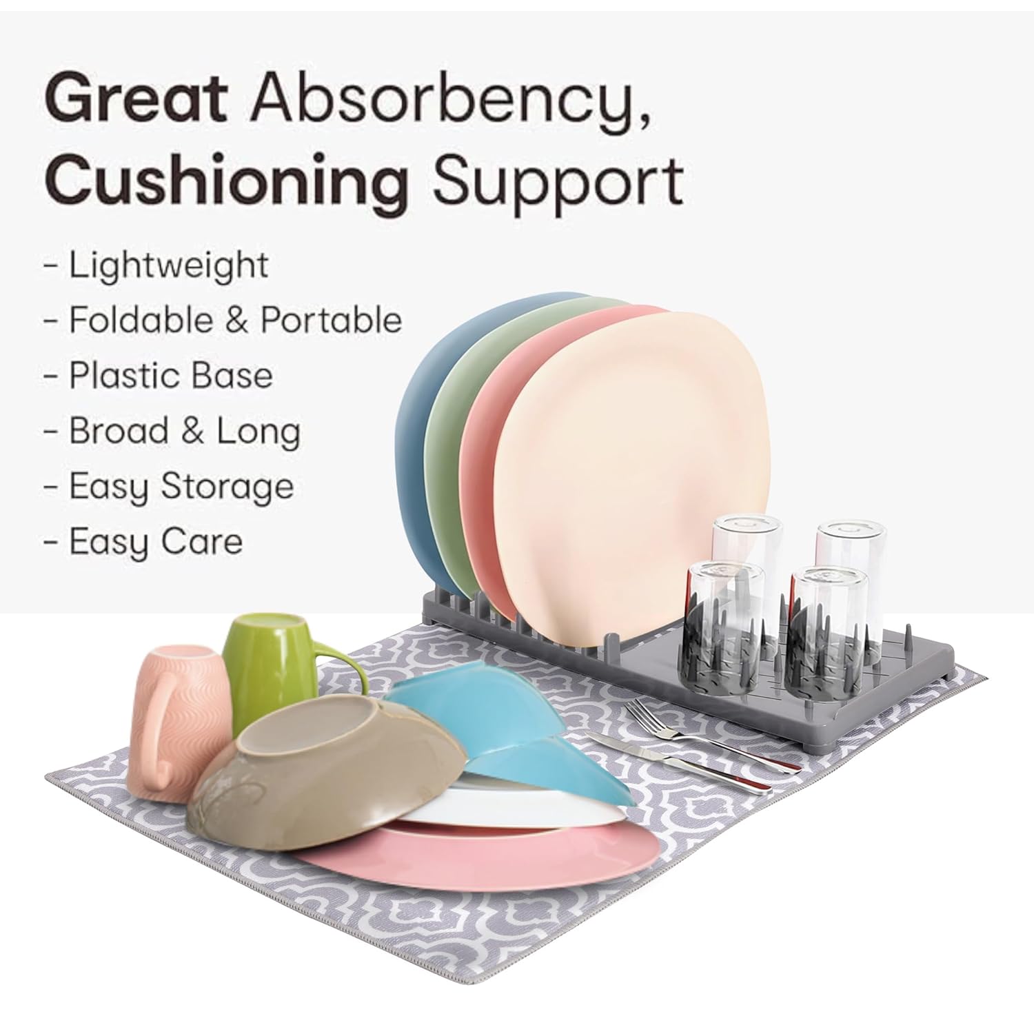 Cutting EDGE Dish Drying Rack with Black Microfiber Mat – Compact, Foldable & Lightweight Kitchen Rack for Sink or Counter – Pattern Design Mat Offers Fast Drying & Stylish Organization