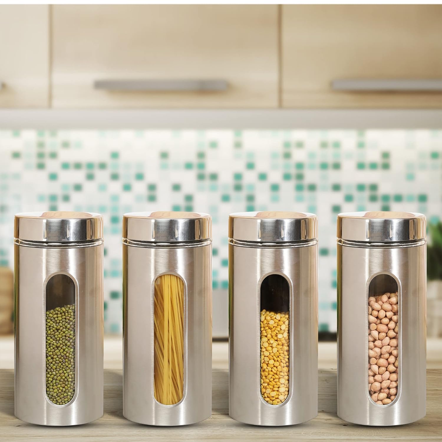 Cutting EDGE Oval Glass Window - Steel Jacketed Glass Jars for Dal, Dry Fruits, Spices and other Kitchen Storage