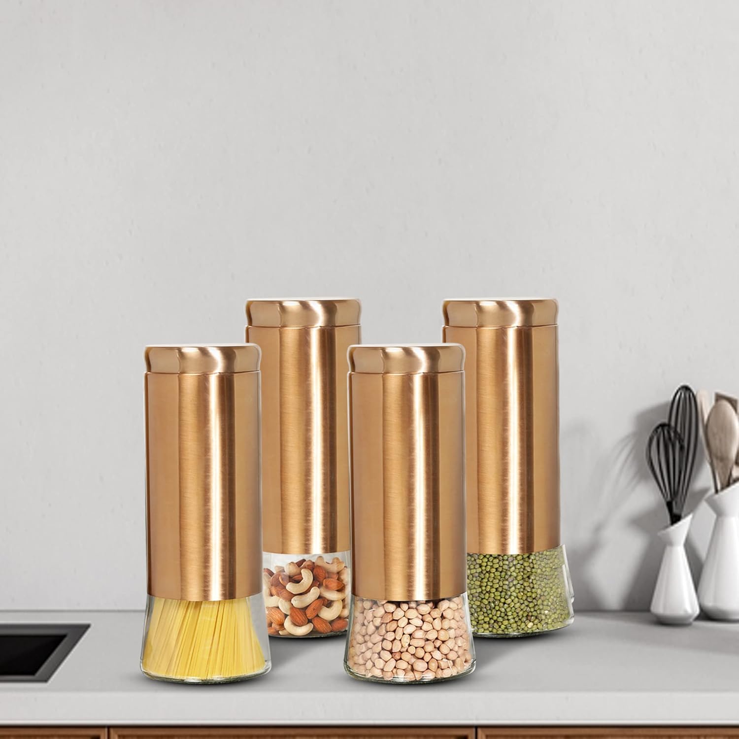 Cutting EDGE Rose Gold Finish Clear Glass Tapered Glass Jars for Sugar,Cereal, Spices, Pulses and other Kitchen Storage