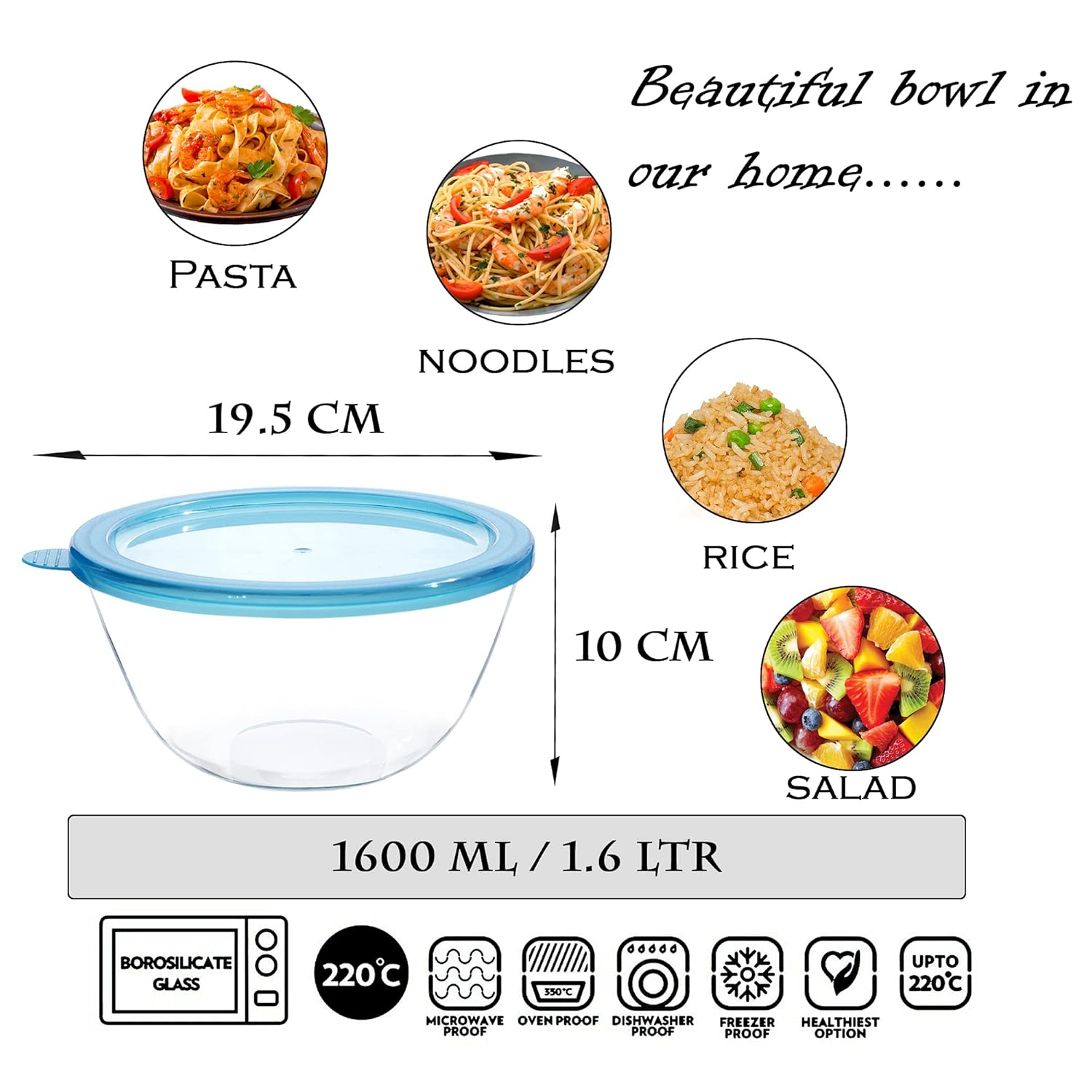 Cutting EDGE Borosilicate Mixing/Serving with Lid Round Glass Bowl for Kitchen (Transparent)