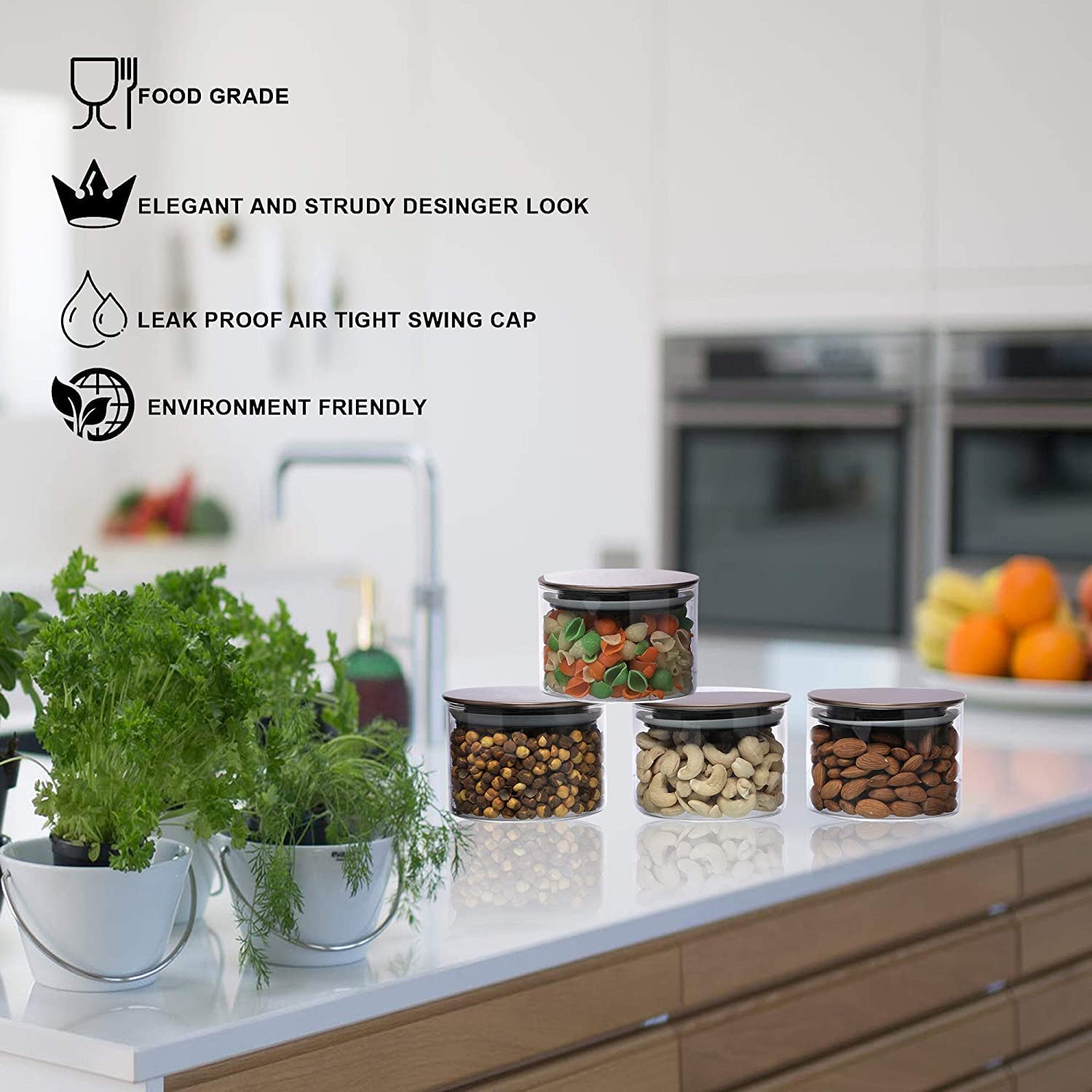 Cutting EDGE Borosilicate Round Glass Jar for Kitchen, Dry Fruits, Snacks, Storage with Metallic Lid with Silicone Sealant Ring Inside