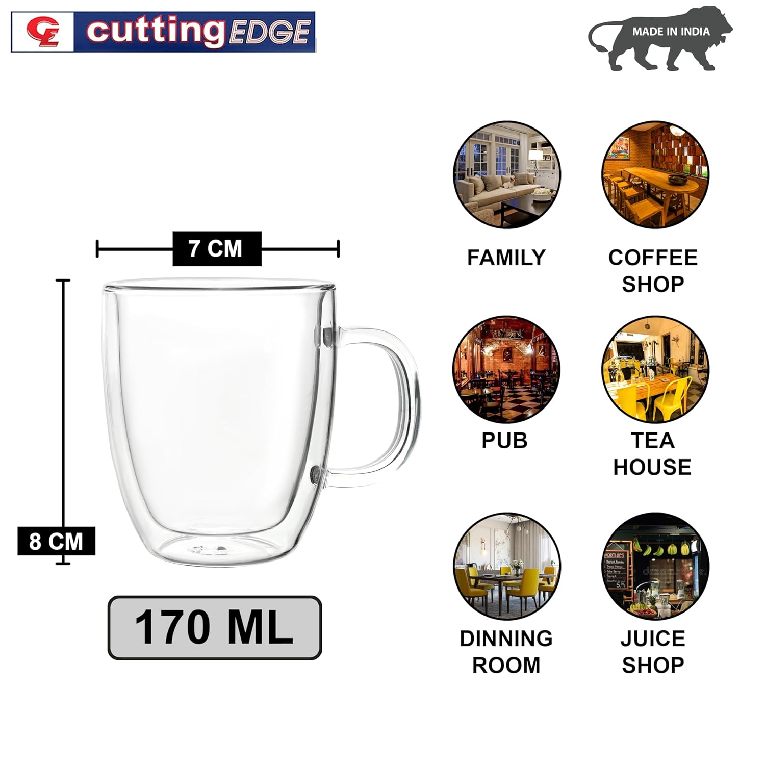 Cutting EDGE Iris Double Wall Heat Resistant Borosilicate Clear Tea Coffee Cup with Handle Glass Coffee Mug