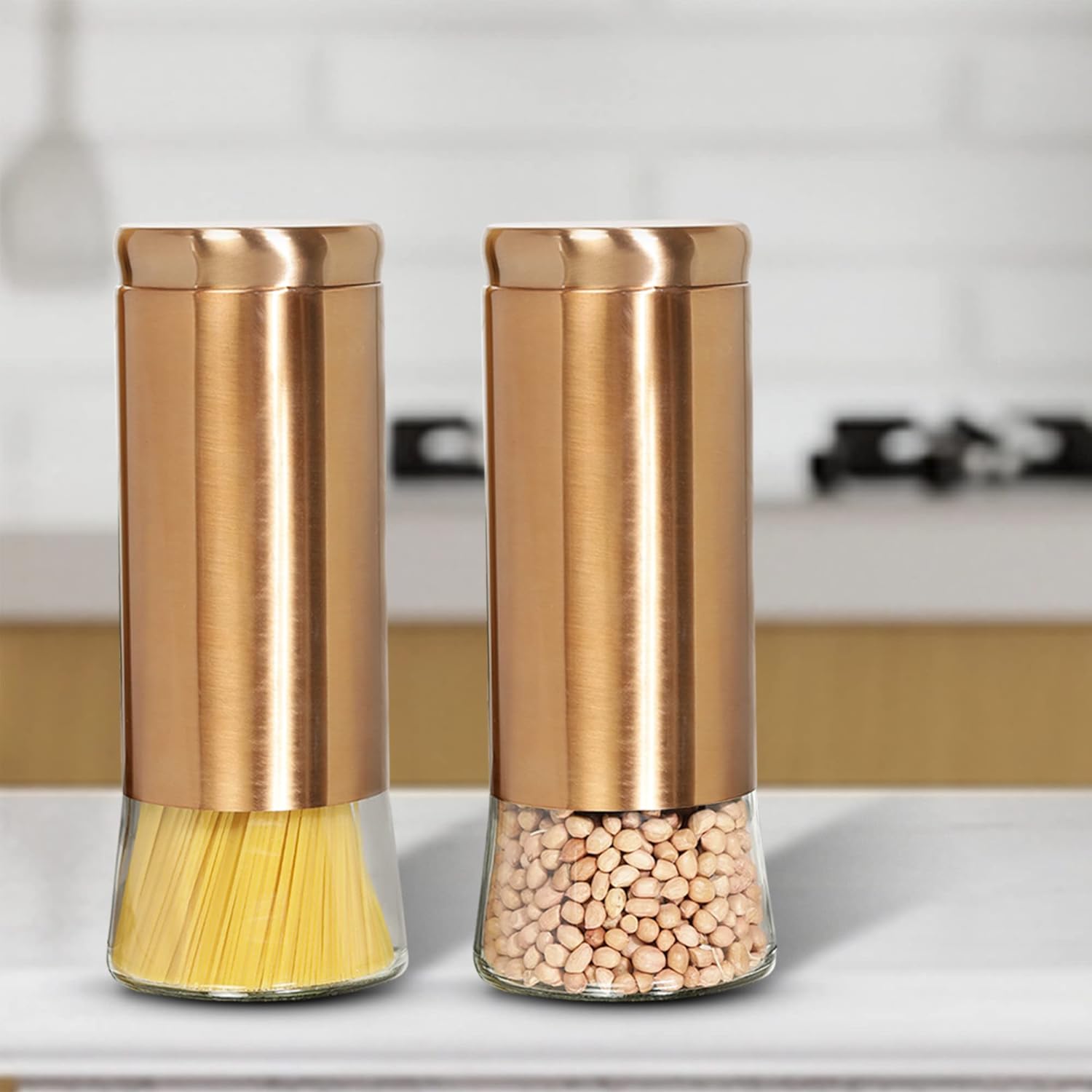 Cutting EDGE Rose Gold Finish Clear Glass Tapered Glass Jars for Sugar,Cereal, Spices, Pulses and other Kitchen Storage